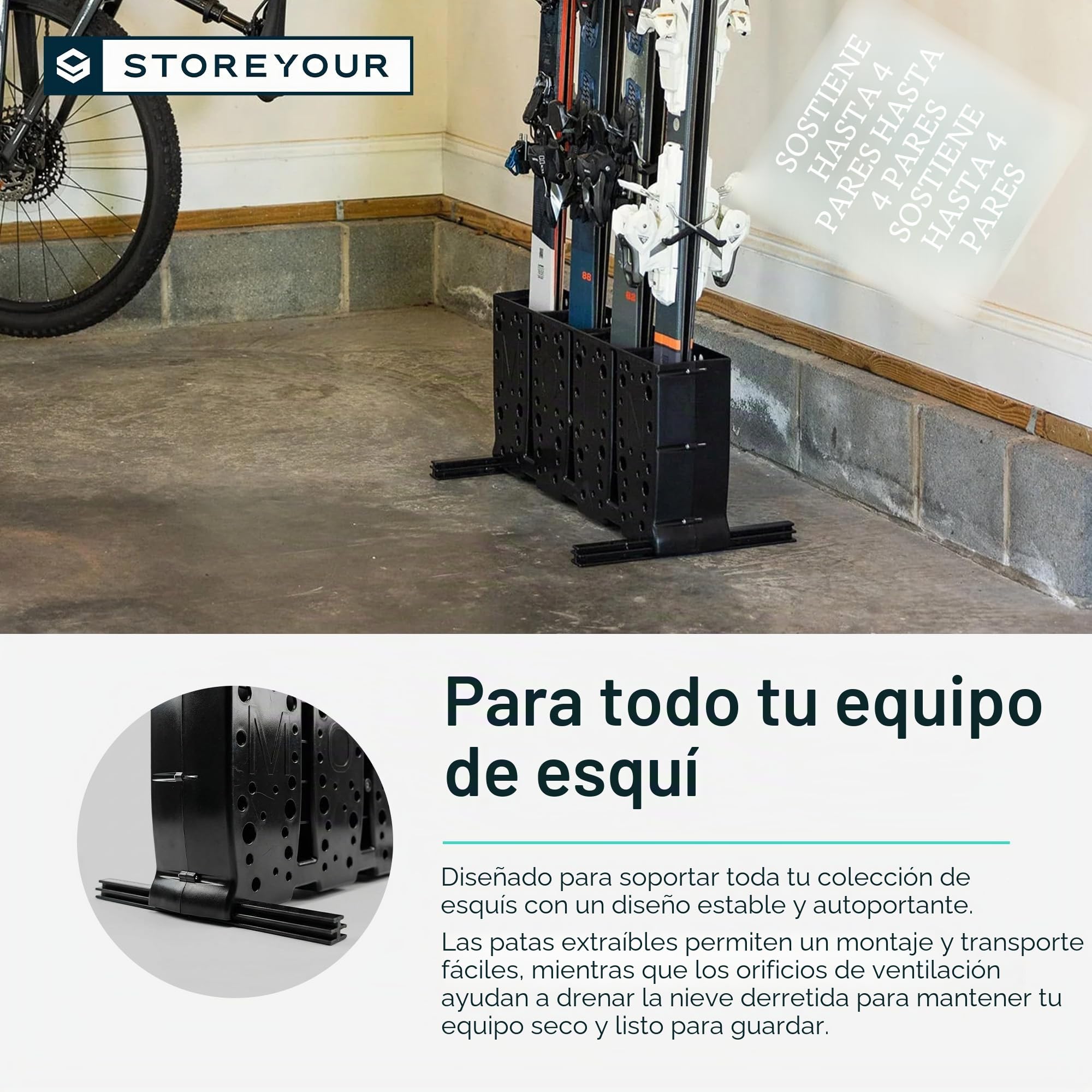 StoreYourBoard Portaesquís, 4 pares de esquís independientes para montaje en el piso, (Esquís anchos)