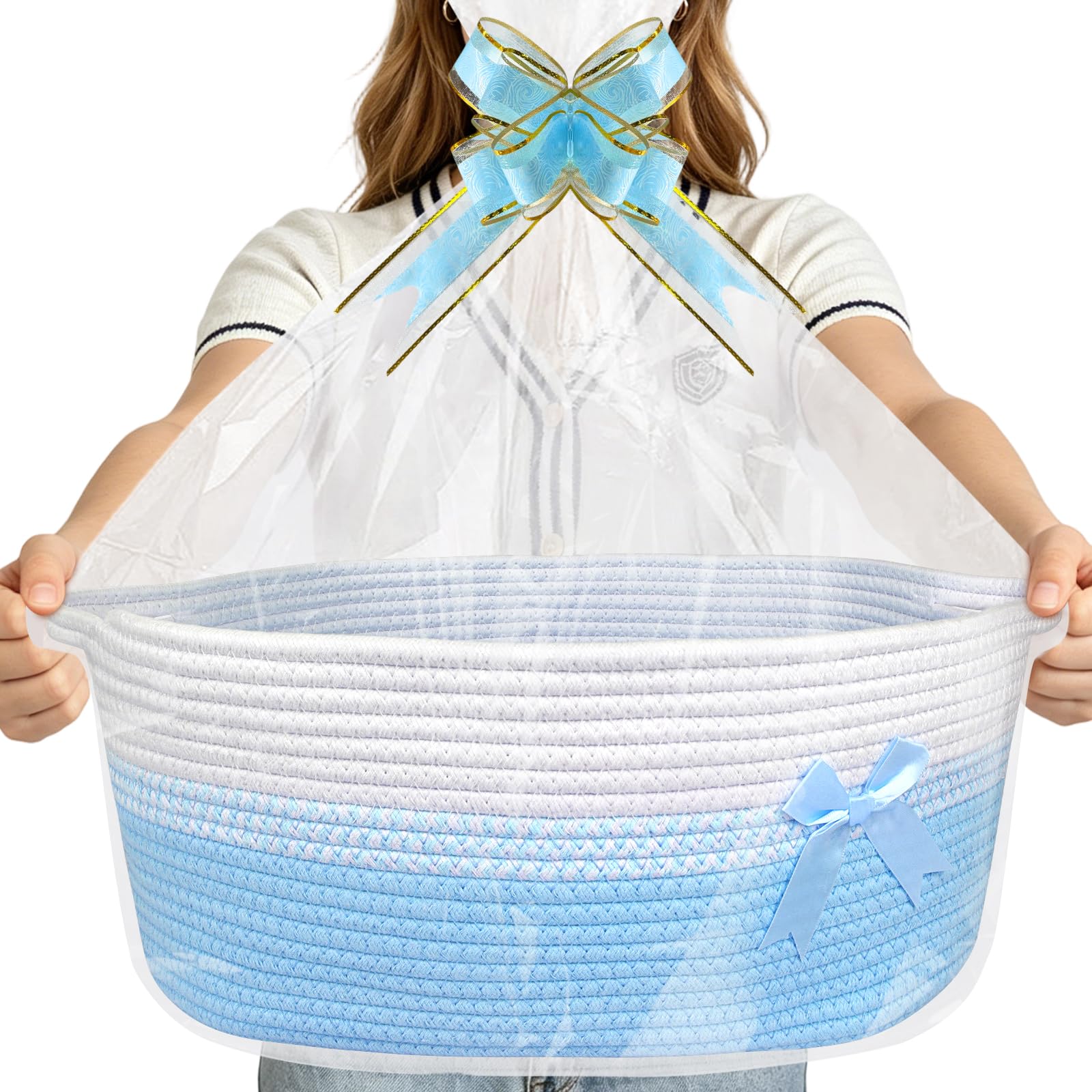 Lotvic 43x32x18cm Large Gift Basket, Hamper Kit, Empty Hamper Basket with Cellophane Bags and Pull Bows, Rope Gift Baskets with Handles, Gift Baskets for Baby Shower, Birthday, Christmas (Blue)