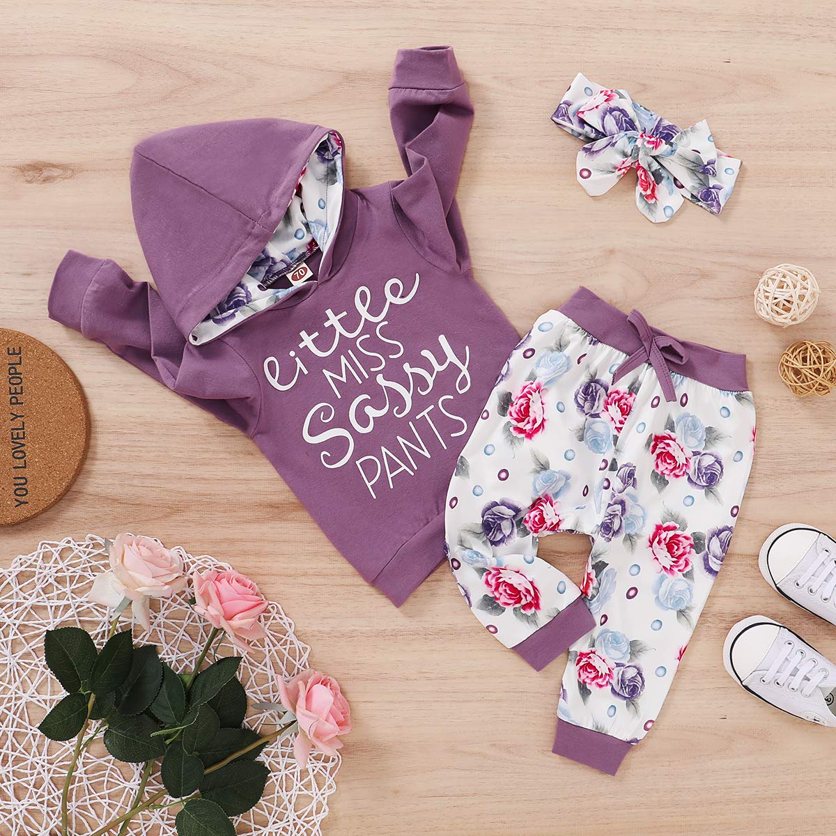 Calsunbaby Newborn Baby Boy Girl Long Sleeve Deer Romper Pullover Hooded Tops Pants 2Pcs Sweatshirt Outfits Set (Little Miss/Purple, 0-6 Months)