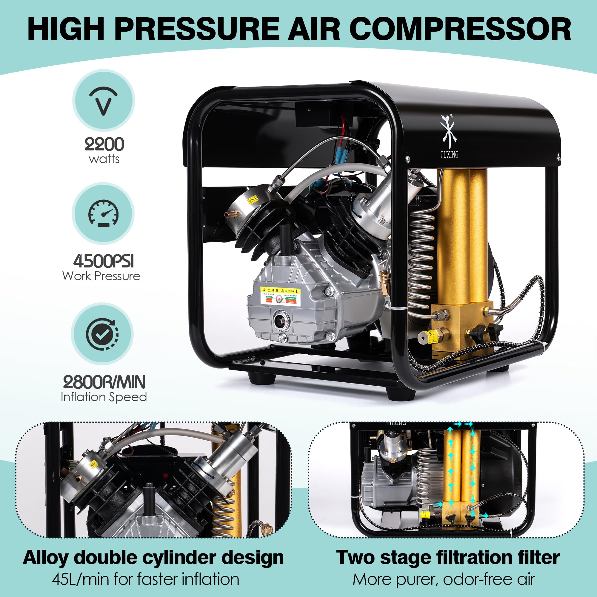 TUXING 4500Psi PCP-Luftkompressor, eingebauter zweistufiger Filter mit Wasser-Öl-Abscheider, Auto-Stopp-Version, zum Laden von Paintball-/Tauchflaschen, 220 V (TXEDM042)