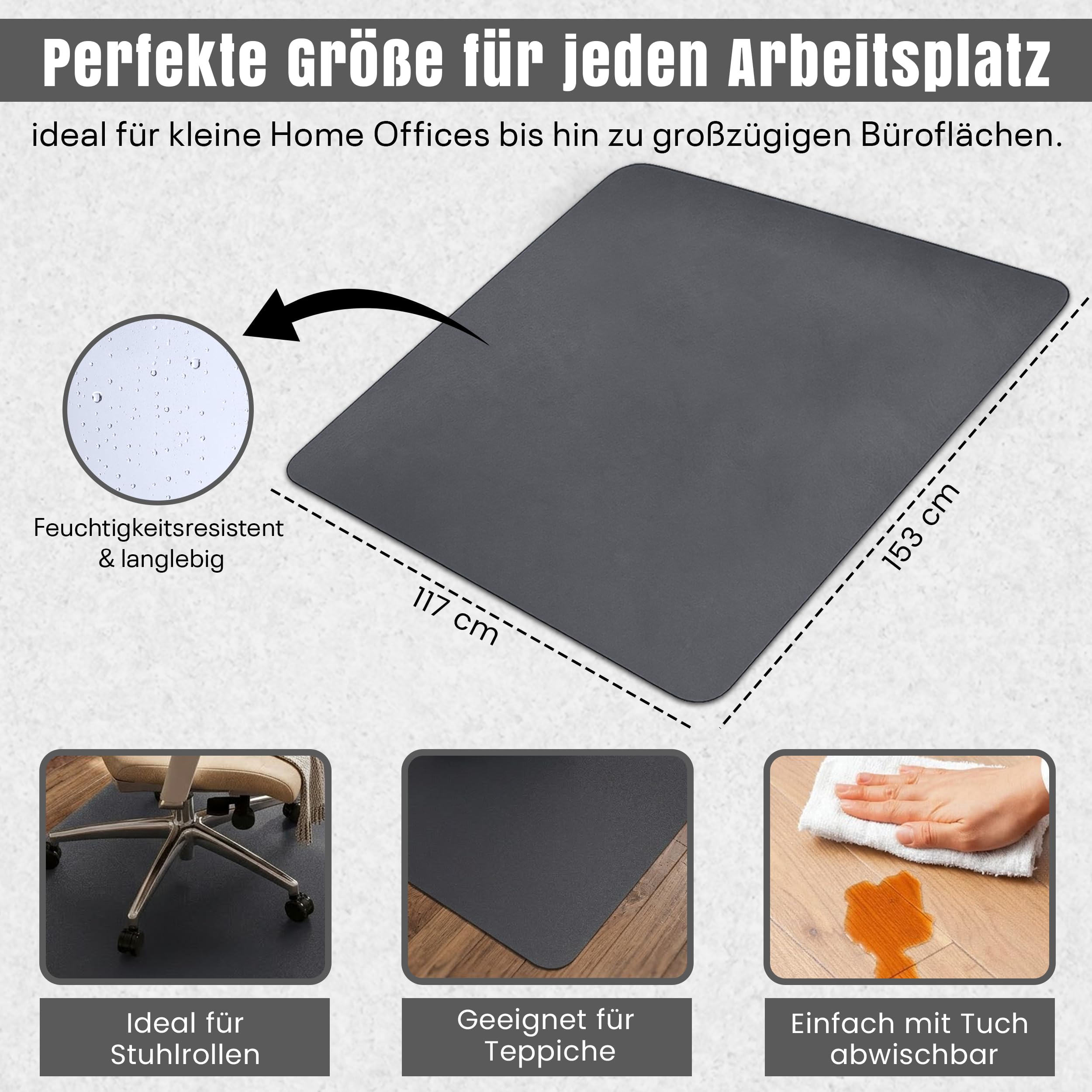LP Projekt Bodenschutzmatte 117x153cm – rutschfeste und strapazierfähige Bürostuhlmatte für Hartböden und Teppich | Grau Bodenschutzmatte für Zuhause & Büro | Erhältlich in verschiedenen Größen