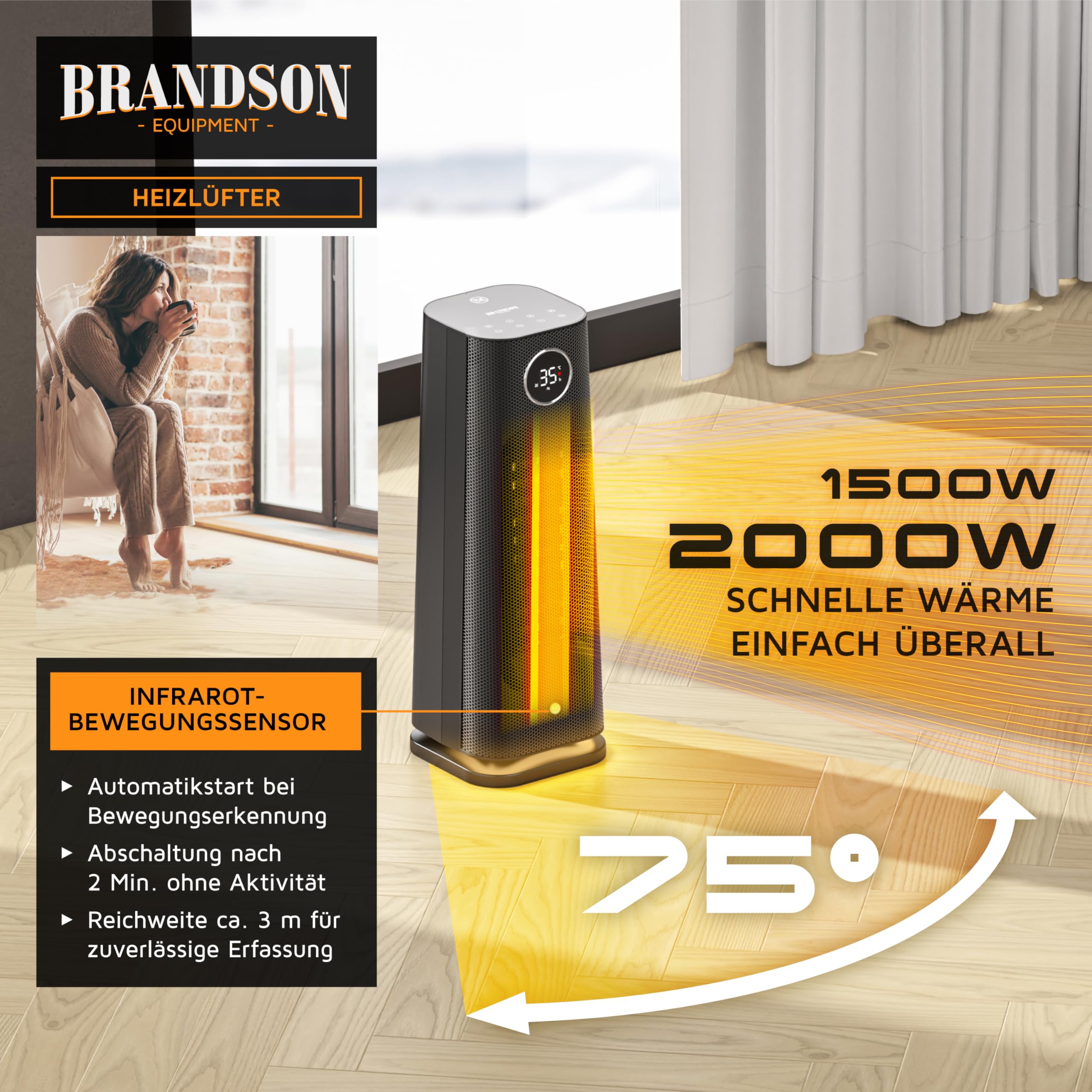 Brandson - Heizlüfter mit Fernbedienung - Preisträger - ECO Modus energiesparend leise - 2000 Watt - Oszillation - Kindersicherung - Timer - LED-Beleuchtung - Bad Wohnzimmer Büro Kinderzimmer
