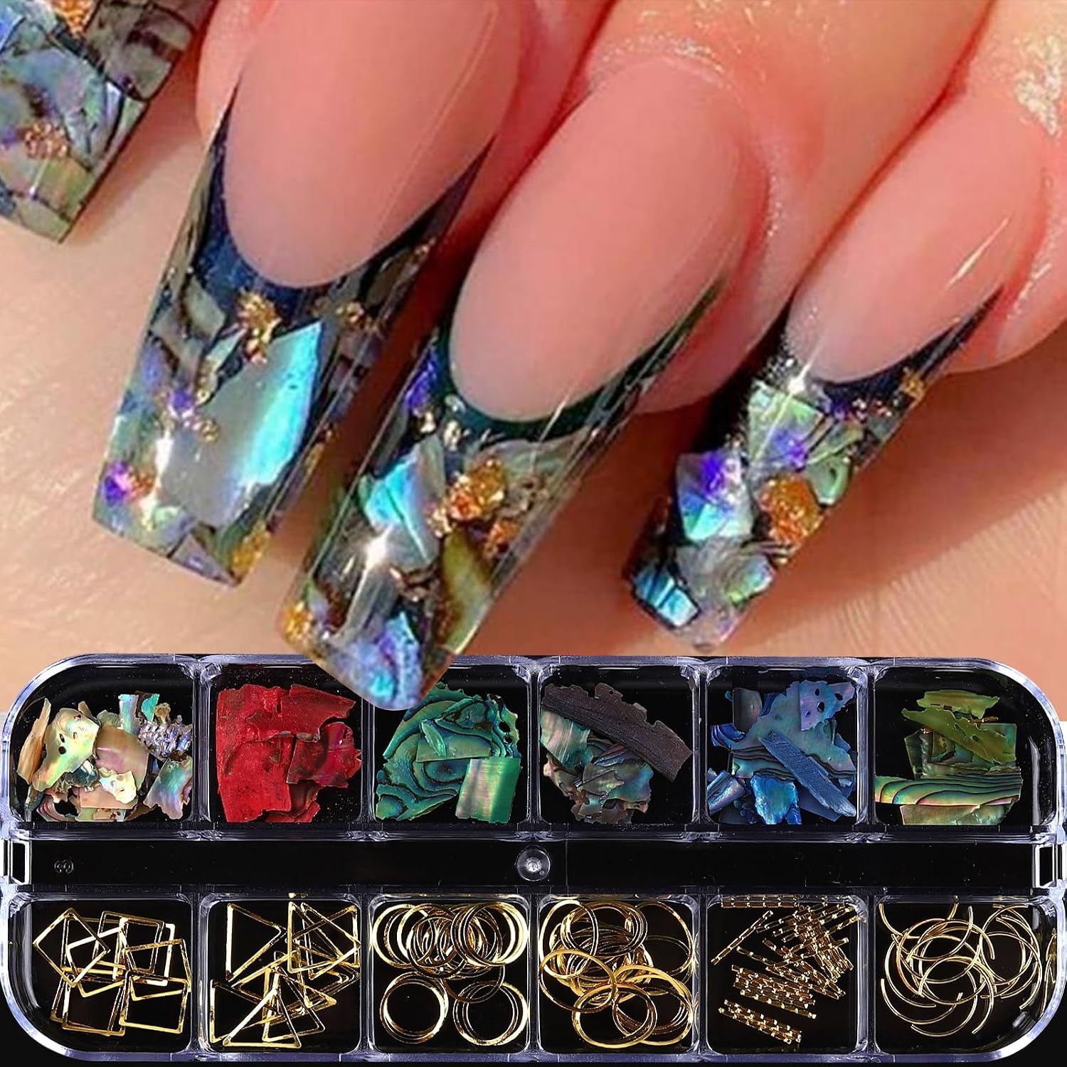 Abalone Seashell Nail Art Slices, Colorful Holographic Mermaid Irregular Nail Art Glitter Flakes, 3D Metallic Alloy Mixed Shape Nail Charms Seashell Nail Supplies for DIY Nail Decor 12Grids