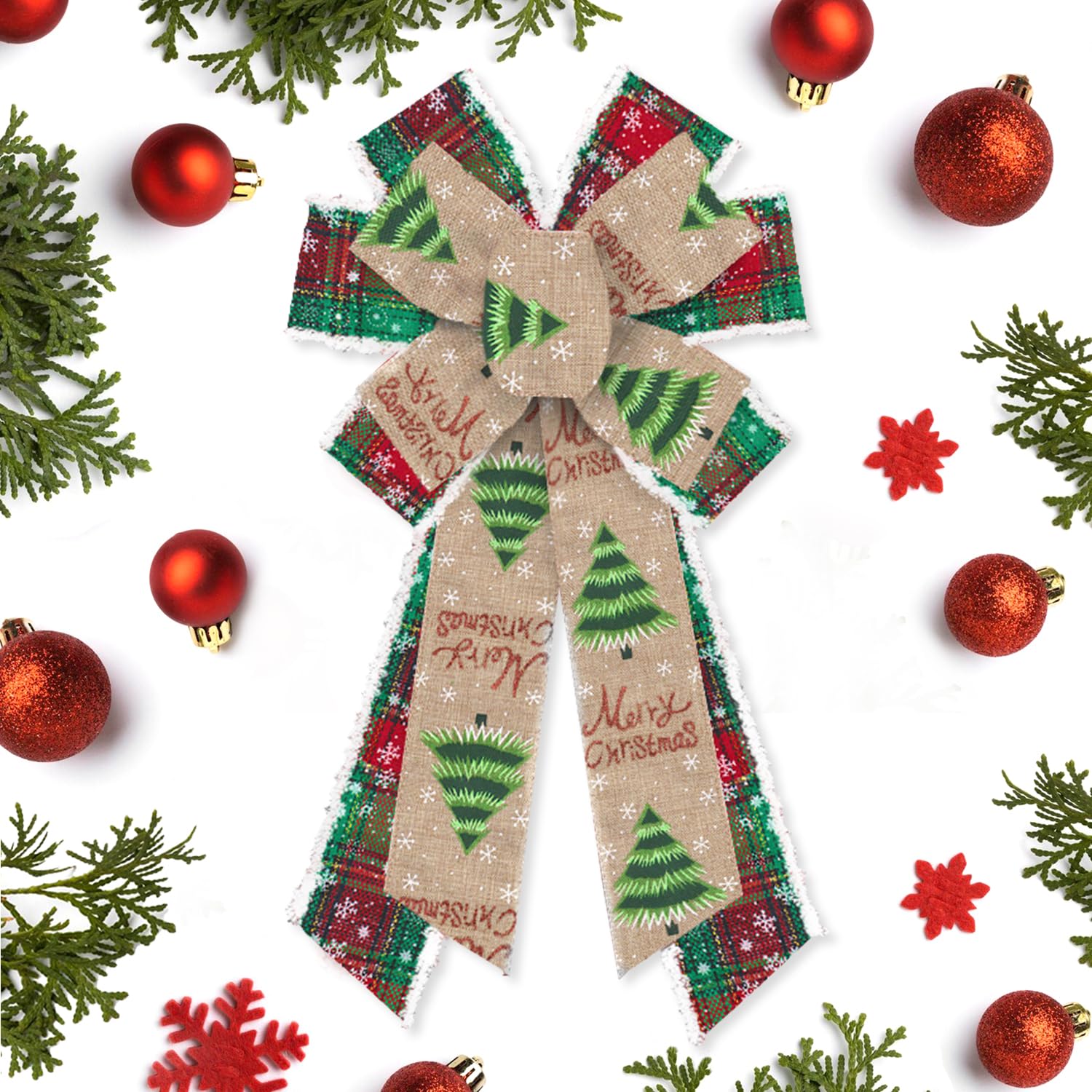 hying large christmas bows for wreath, christmas wreath bow green red buffalo plaid bows natural burlap bow xmas tree bows ornaments for front door new year christmas party decoration supplies