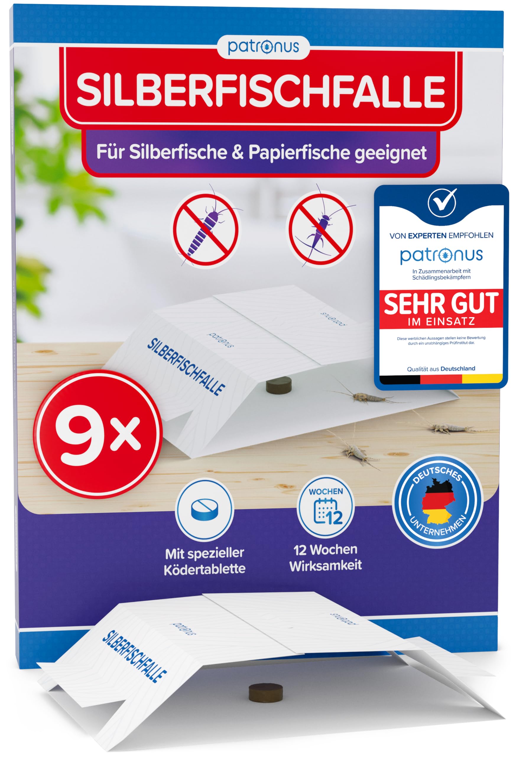 Patronus Silberfischfalle [9 Stück] - Monitoring-Klebefalle mit giftfreiem Köder inkl. E-Book zum Thema: Silberfische bekämpfen - Papierfisch-Falle für alle Wohnräume zur Befallsermittlung