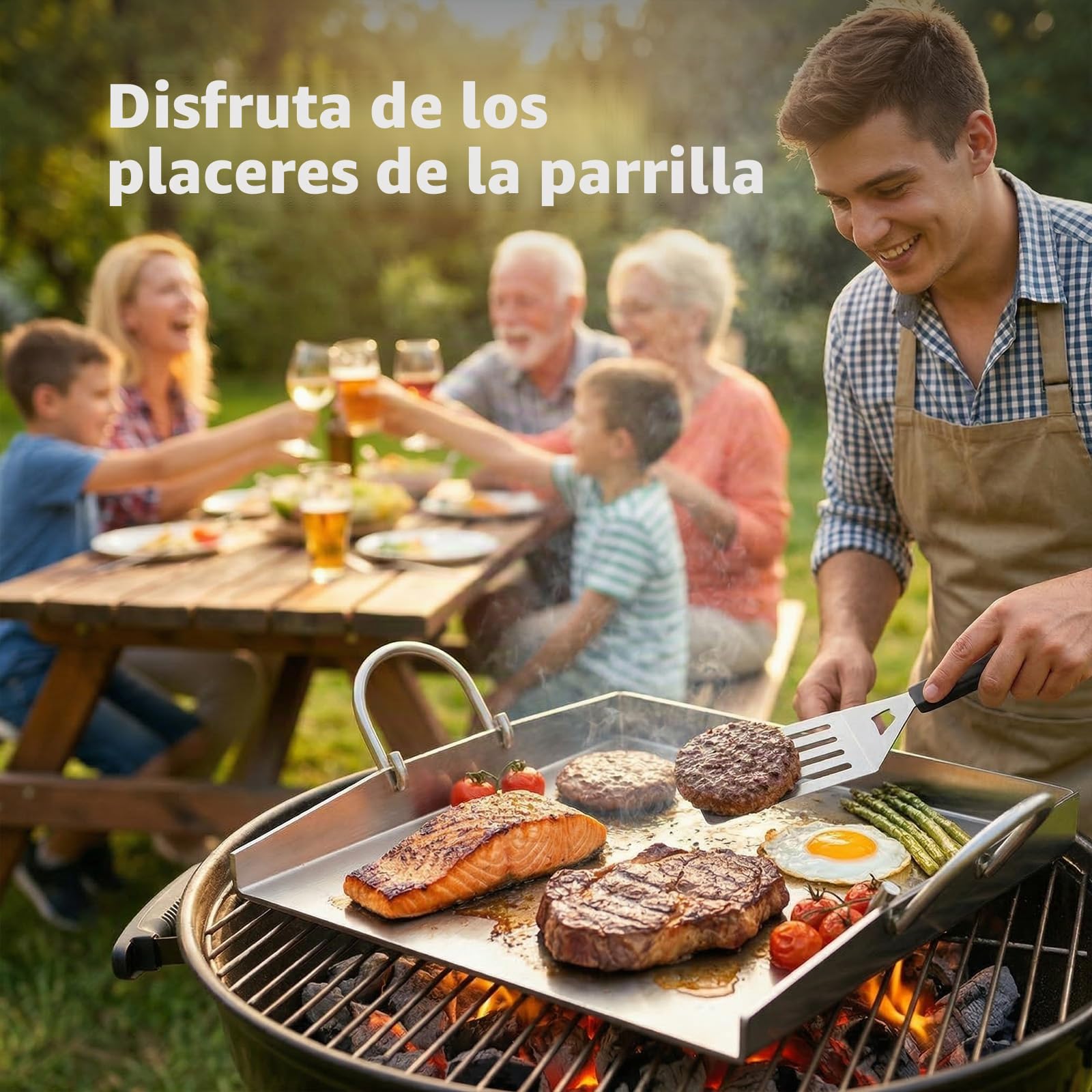 plancha para barbacoa de 40 x 30 cm con perforación, plancha acero inoxidable de 4 mm de grosor, Incluye espátula para barbacoa y mango resistente al calor y no se deforma