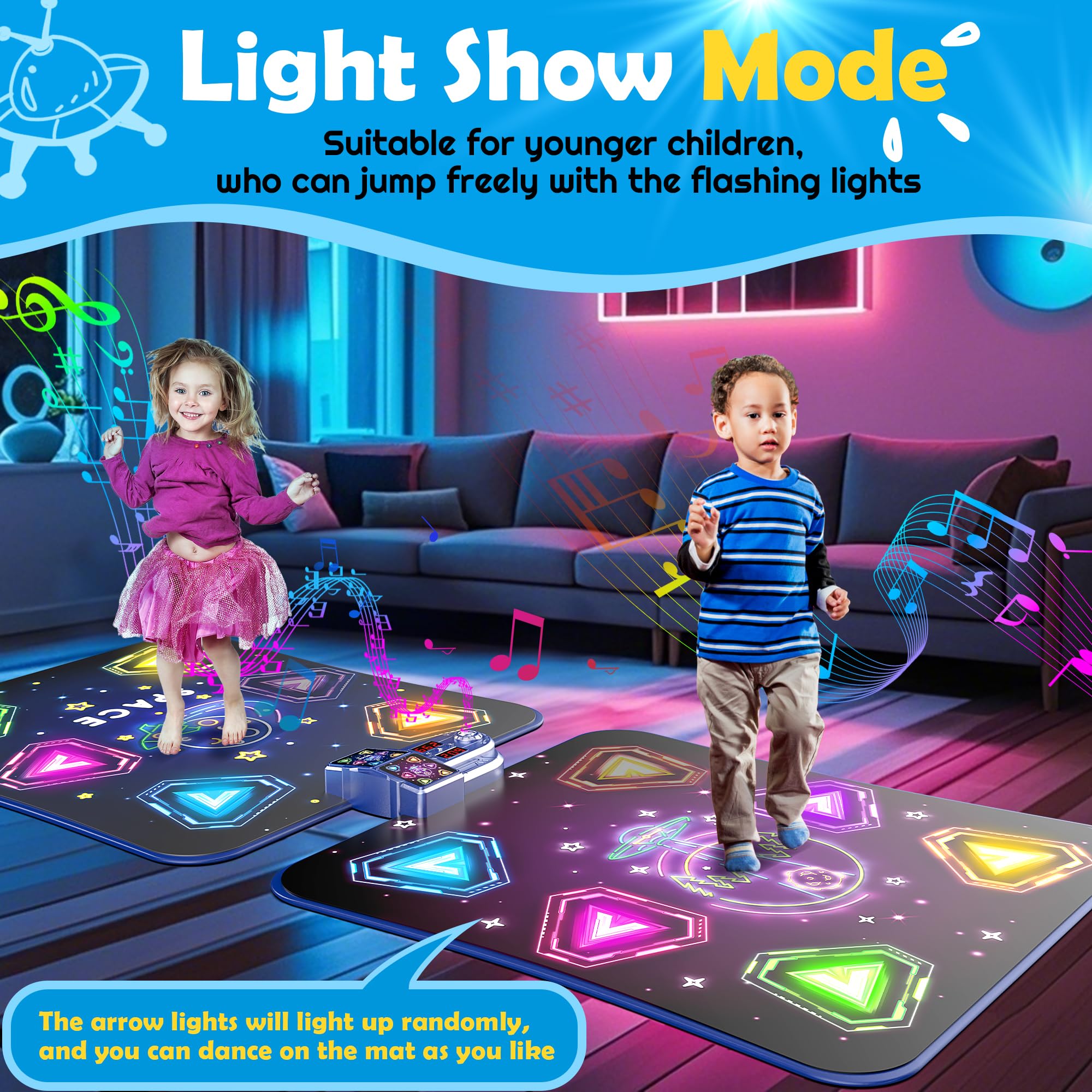 Alfombrillas de baile electrónicas dobles grandes, almohadilla de baile con luz LED y Bluetooth inalámbrico, juguete de baile musical con 6 modos de juego, juego de desafío para jugadores individuales 6