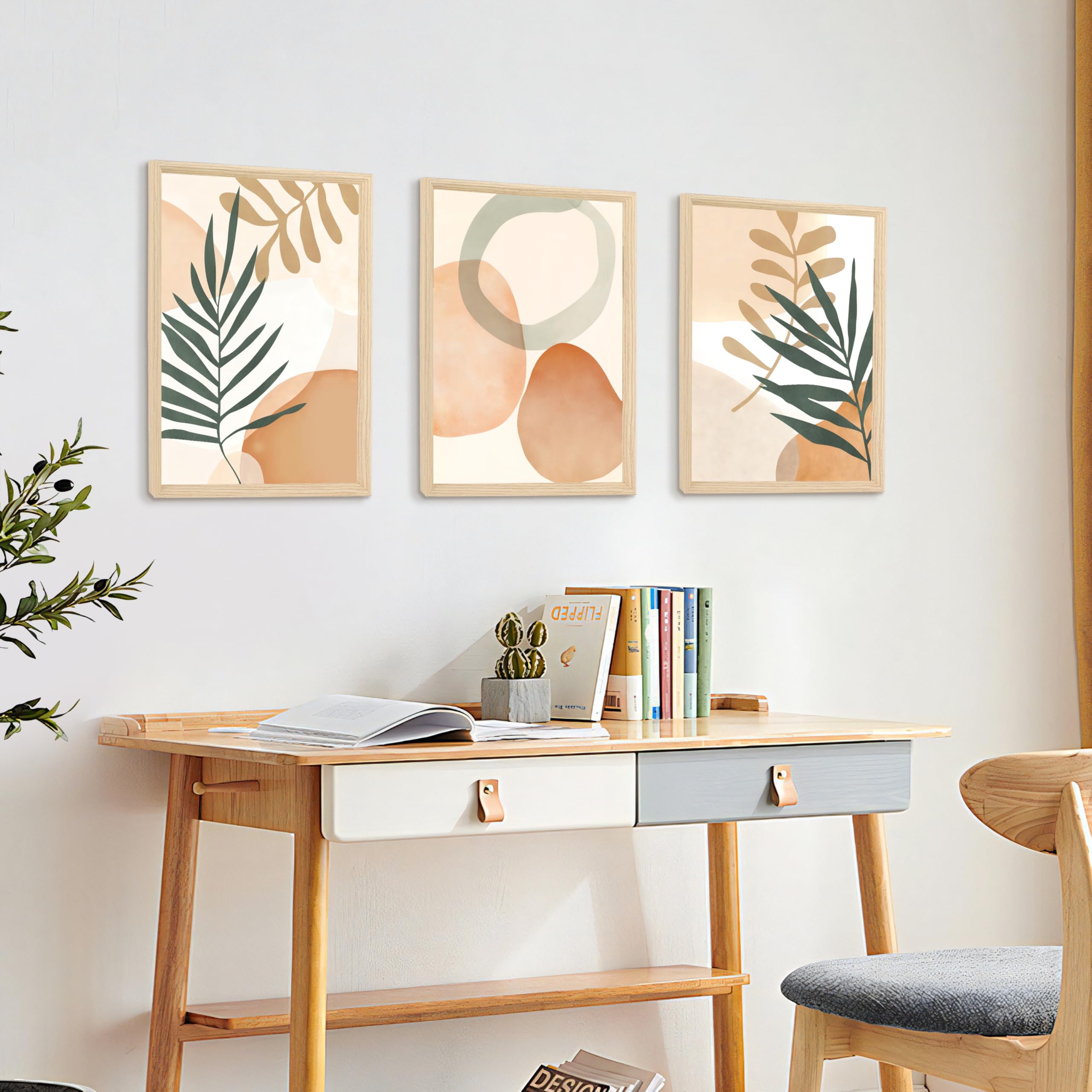 3 Pcs Wooden Framed Canvas Wall Art Set Bohemian Sage Green Canvas Prints Poster Geometric Line Beige Green Pictures for Living Room Bedroom Dinning Room Hallway Stairs Wall Decor 30x40cm x3pcs — view 8