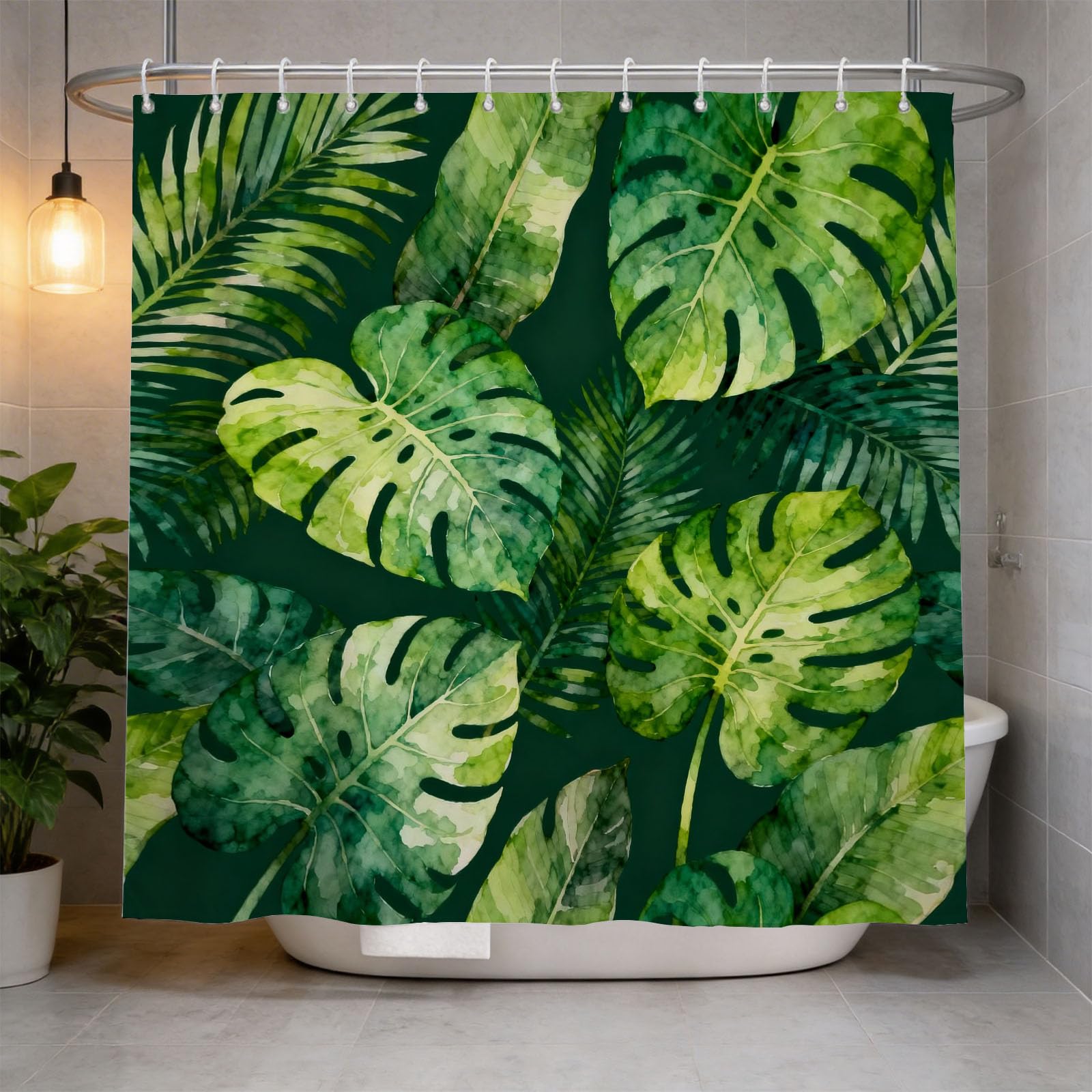 Hongduo 3D Monstera Shower Curtain for Stalls Bathtubs Watercolor Illustration Bathroom Decor Shower Curtain Set Polyester Fabric Waterproof 120x180cm/48X71 Inch with Hooks