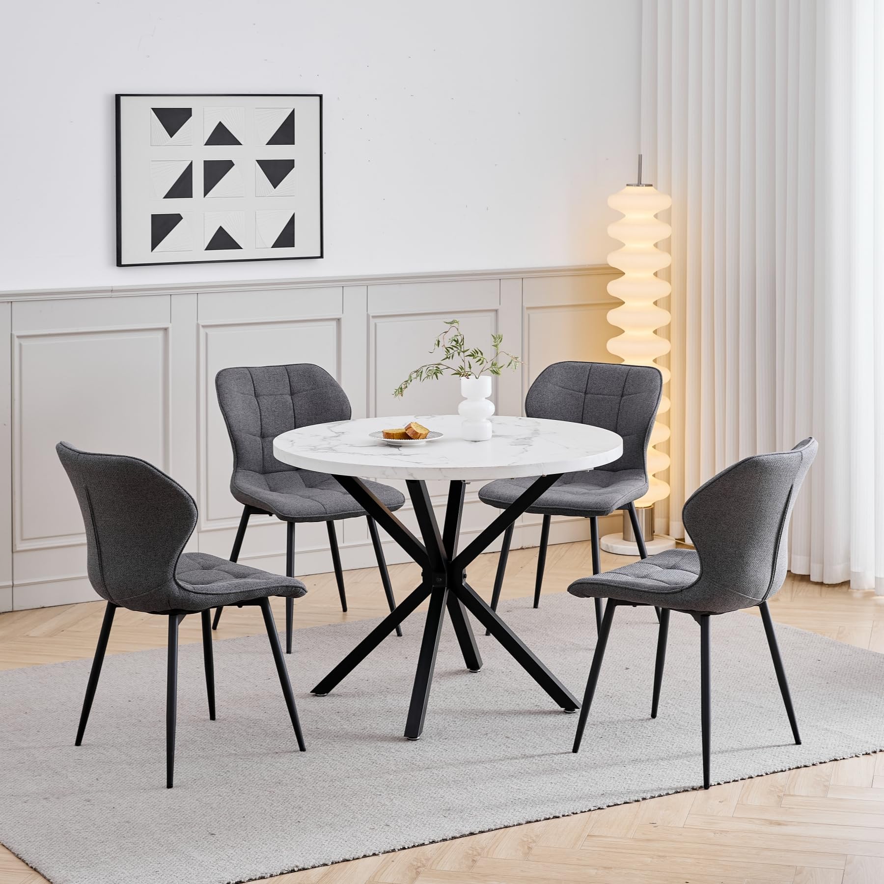 GrandCA HOME Table de Salle à Manger Ronde avec Plateau Effet Marbre Moderne, Table de Cuisine avec Quatre Pieds en Métal, pour Salle à Manger, Salon,Blanc + BKL