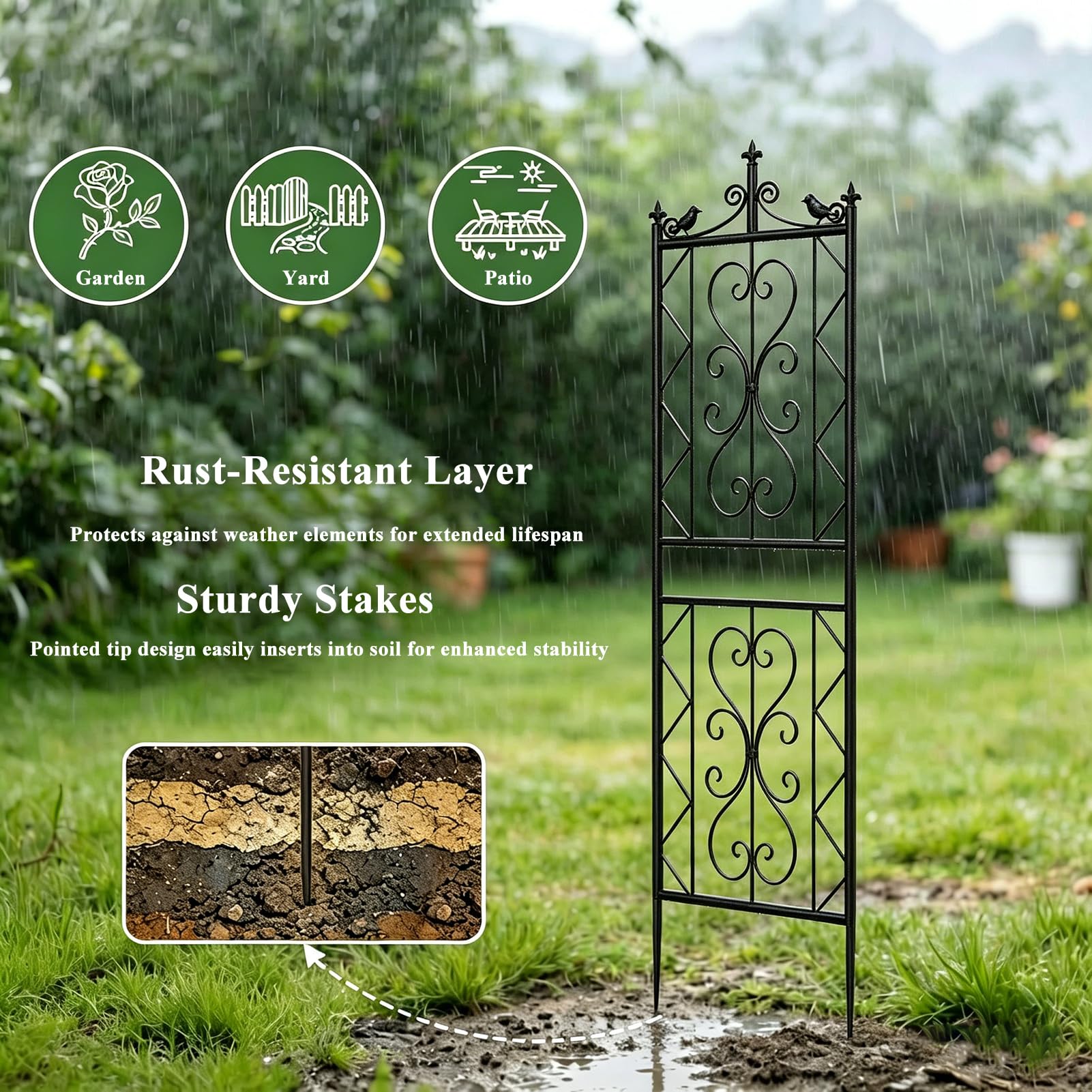 Traliccio in Metallo 195x50cm per Piante Rampicanti – Griglia Decorativa da Giardino con Uccellini – Recinzione per Fiori e Verdure, Nero (1 pz)