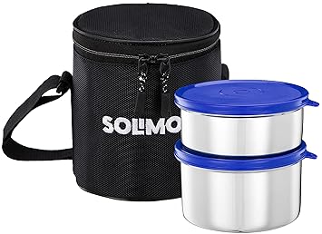 Amazon Brand - Solimo Executive Lunch Box Set | Stainless Steel Containers - Set of 2 (400 ML + 550 ML) & Insulated Easy-to-Carry Lunch Bag for School, College, Office Use - Blue