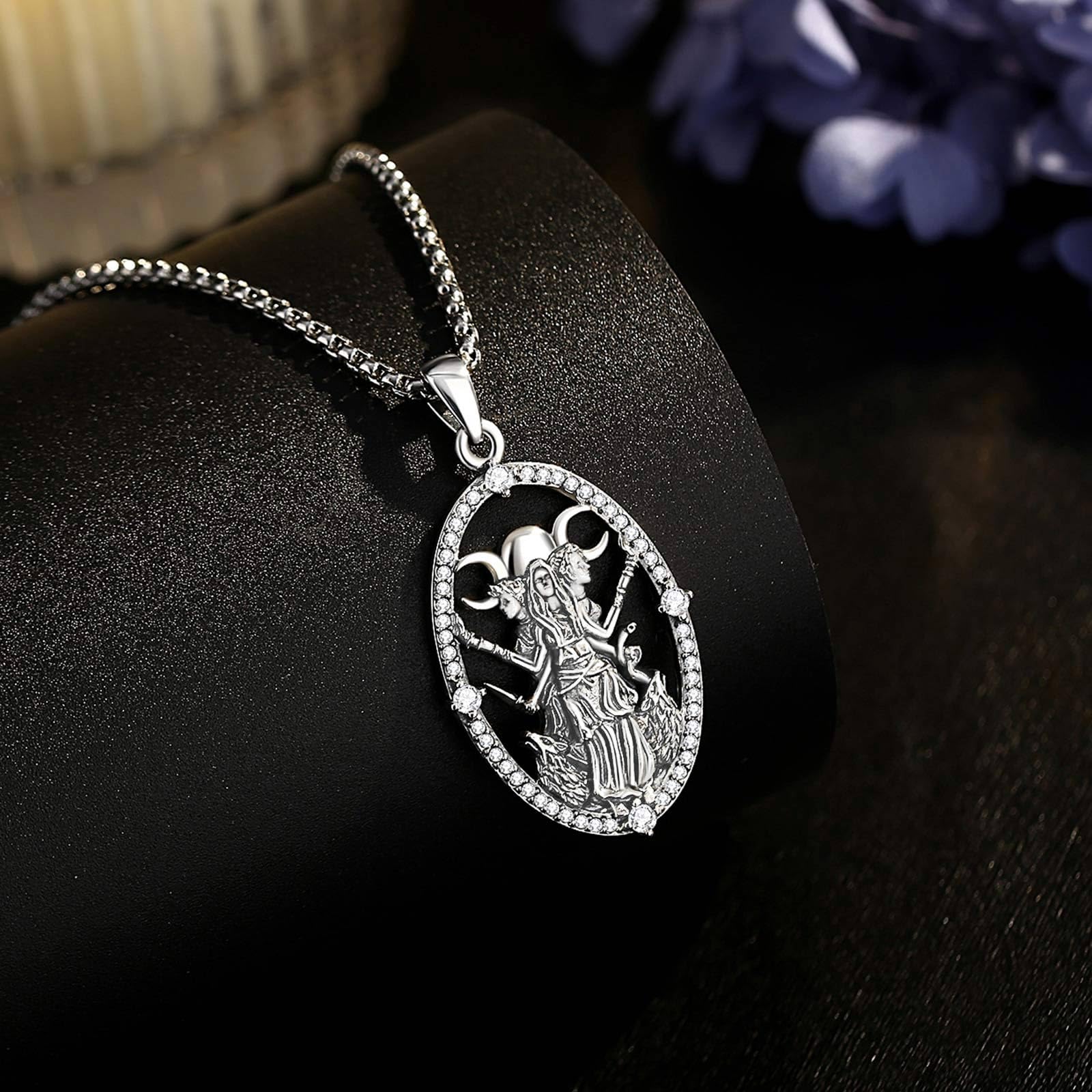 AEONSLOVE Hekate łańcuszek z wisiorkiem w kształcie , srebro próby 925, Lilith, łańcuszek na szyję z zawieszką w kształcie koła Hekate z potrójną zawieszką w kształcie księżyca