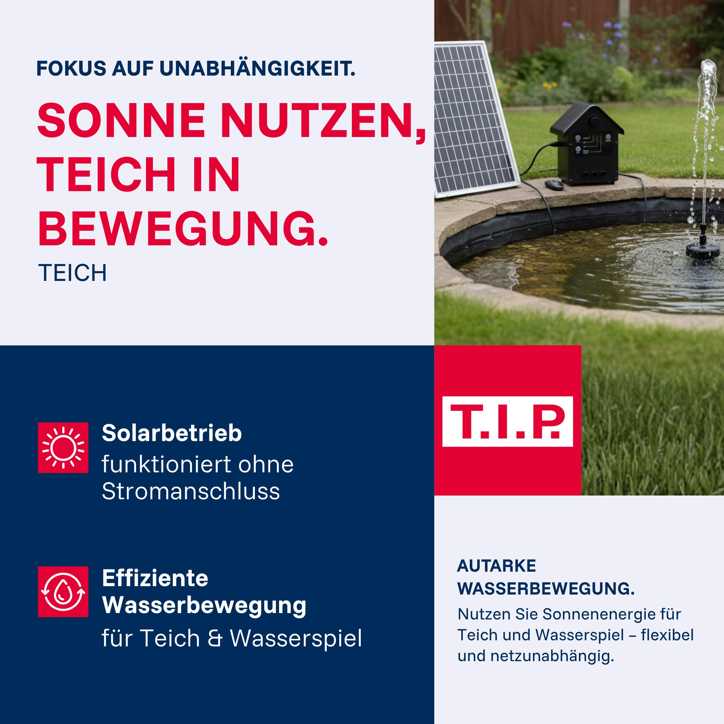 T.I.P. Solarteichpumpe Set mit Akku, Fernbedienung - Wasserspiel, Fontäne für Teich | SPS 300/9 Solar Pumpe fuer Gartenteich mit 4 Fontänen-Düsen, Speicherakku, Timer, Solarpanel & Erdspiess im Komplettset