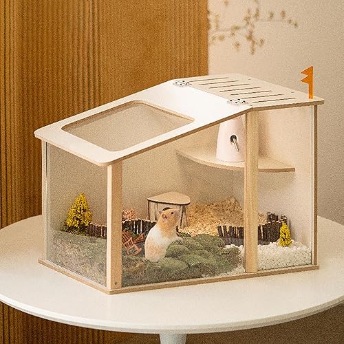 Miniatura 7 de Dxcaicc Escondite de hámster de madera con tragaluz grande abatible pequeño castillo para mascotas con ventana de acrílico transparente, casa de