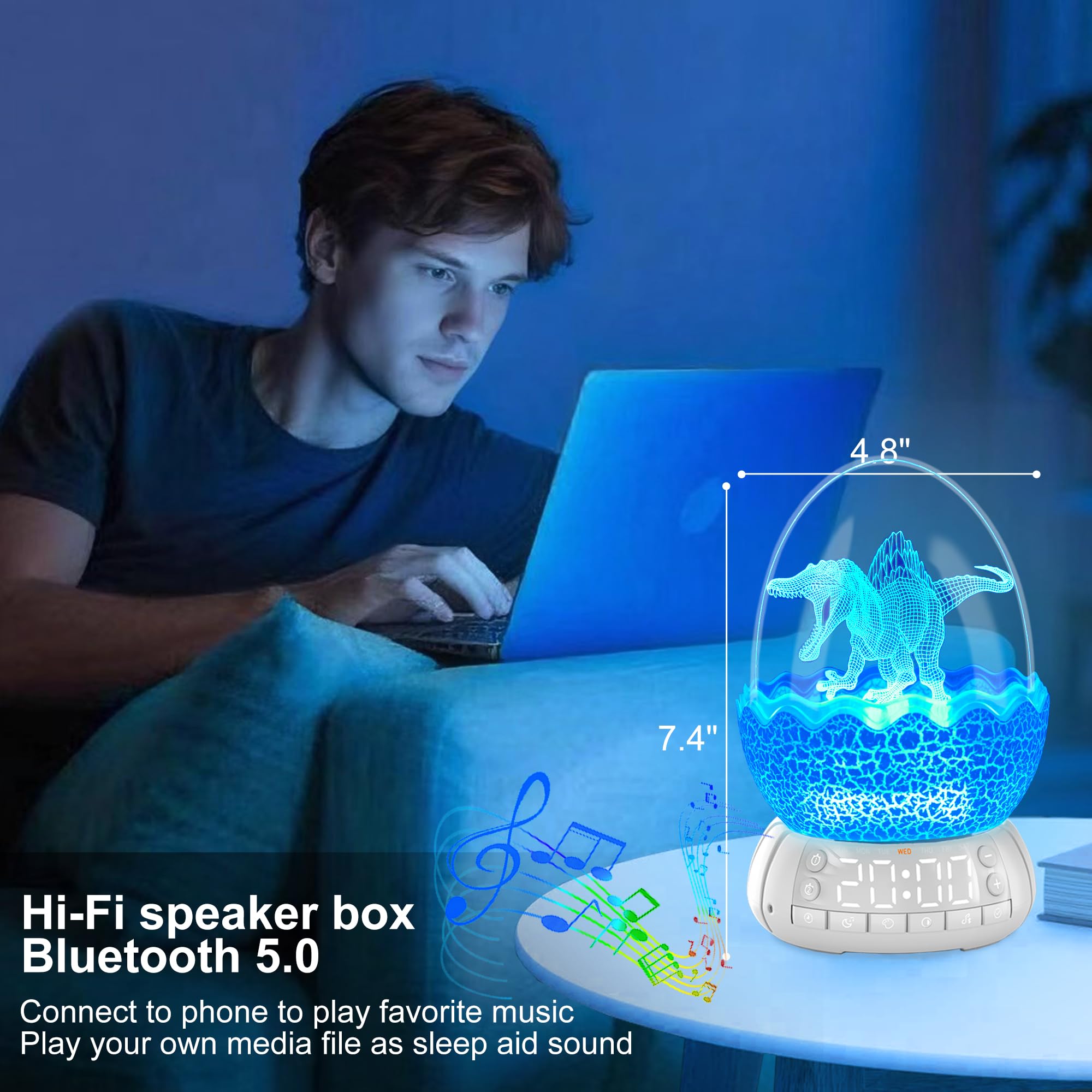 Niedlicher Dinosaurier-Ei-Wecker/Digitaluhr/Nachtlicht/Musik & weißes Rauschhilfe-Schlafmaschine/Bluetooth-Lautsprecher, Dekoration, ideale & einzigartige Lampe für Schlafzimmer/Wohnzimmer, Geschenke