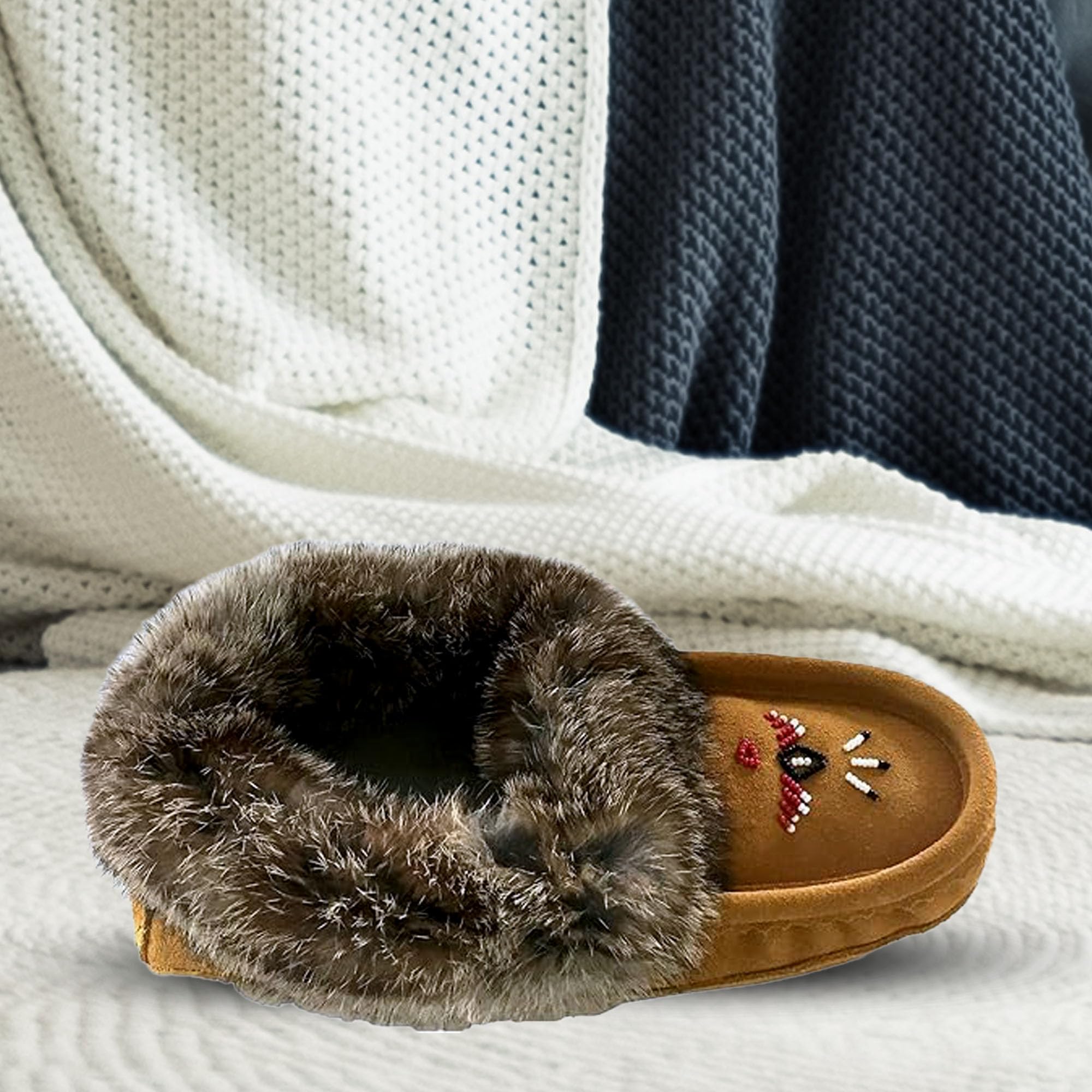 Laurentian Chief Moccasin Slippers for Women – Ladies Comfortable Slippers with Real Rabbit Fur Trim and Soft Faux Lining – Canada Quality Beaded Style Warmie Shoes for House Indoor