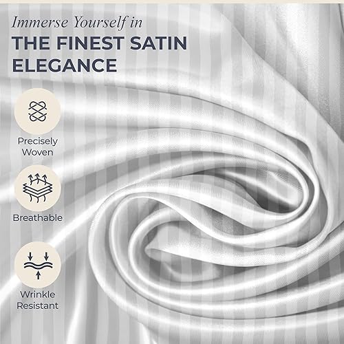 Miniatura 4 de DECOLURE Juego de sábanas de satén a rayas King de 6 piezas, cómodas sábanas de satén de lujo con sensación de seda, elegantes, sedosas, suaves,