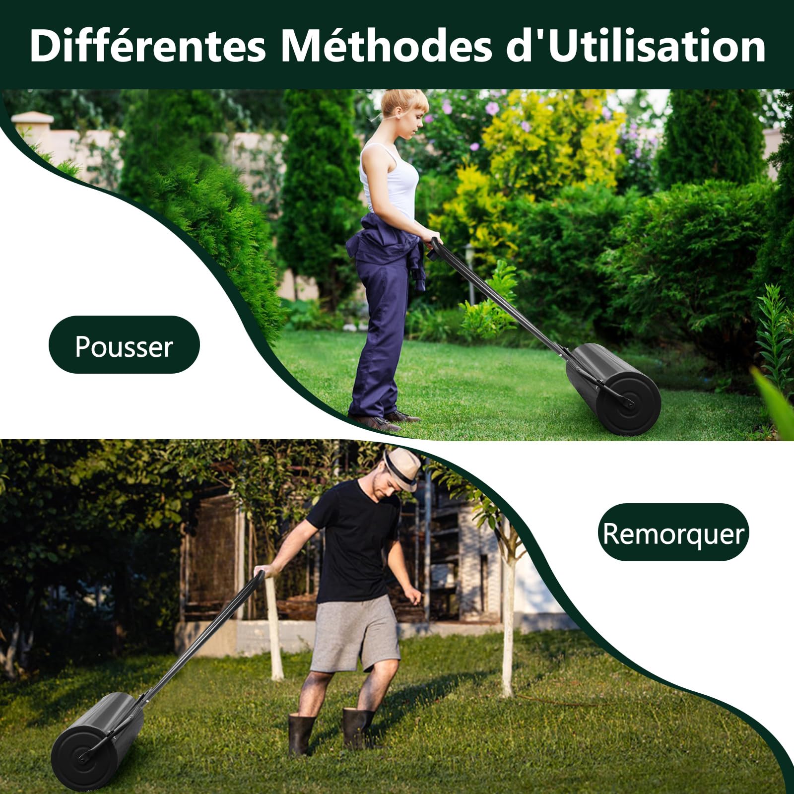 RELAX4LIFE Rodillo para Césped de Jardín Ancho 60cm Ø 32cm con Mango Ergonómico, Rodillo Césped Rellenable con Agua o Arena para jardín y Patio (48L|112x60x32CM, Negro)