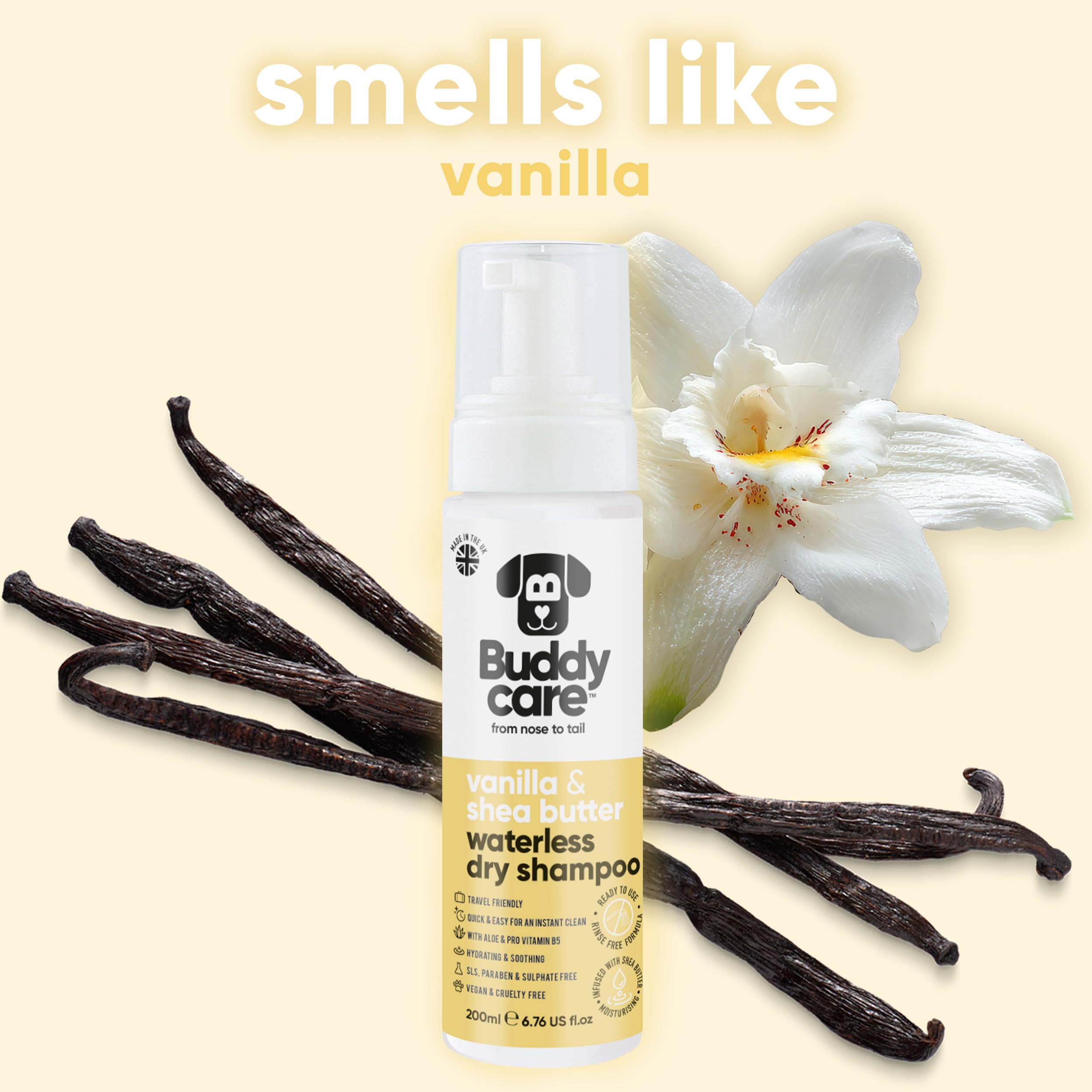 Buddycare Bezwodny, suchy szampon dla psów (200 ml) | Wanilia i masło shea szampon dla psów bez spłukiwania do skóry wrażliwej, naturalny, łatwy w użyciu dla świeżego, czystego sierści