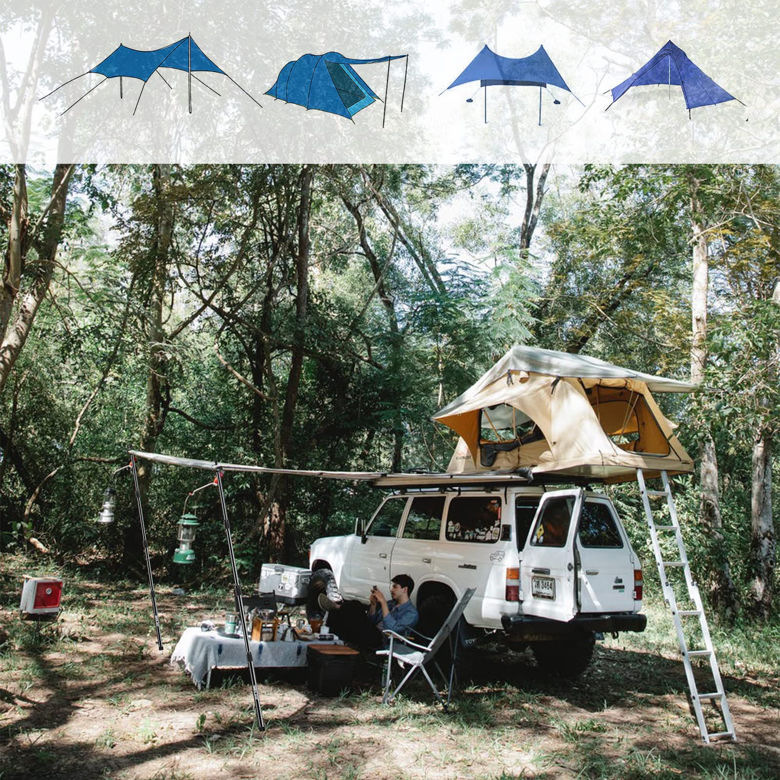 KOMCLUB Lot de 2 Barres de Tente télescopiques, en Fibre de Verre, de 85 à 250 cm, réglables, Ultra légères, pour Voile d'ombrage, tentes, bâche de Camping (2 pièces)