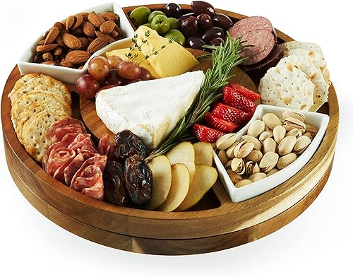 Twine Tabla giratoria de madera para servir Tabla redonda de charcutería Juego de tablas de madera para queso Lazy Susan con platos de cerámica