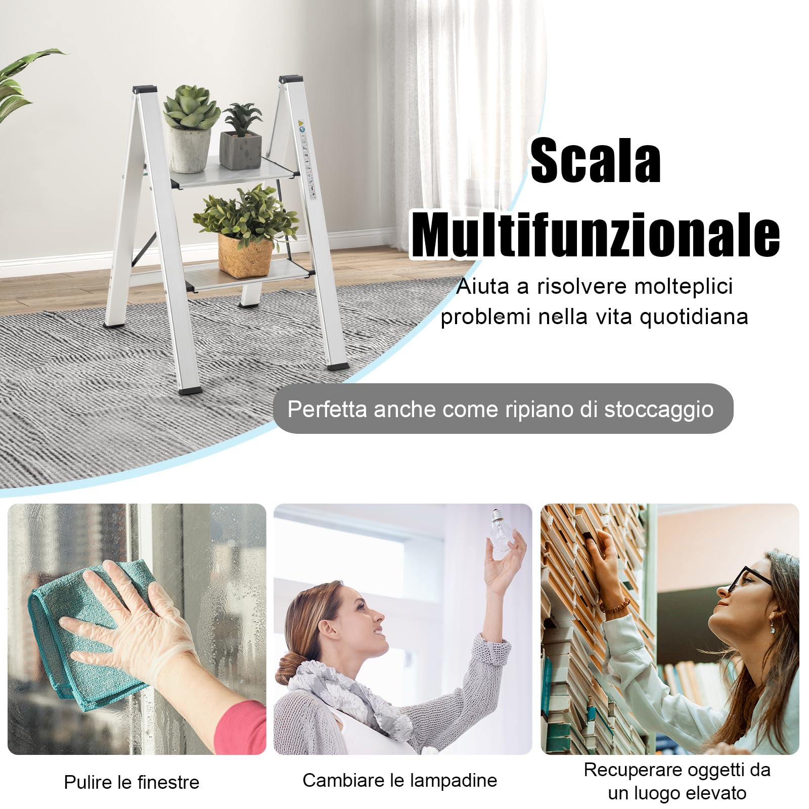 COSTWAY Scala Pieghevole in Alluminio a 2 Gradini, Scaletta Salvaspazio con Fibbia di Sicurezza, Ampi Pedali e Piedini Antiscivolo, Telaio in Alluminio Robusto e Leggero, Portata 150kg