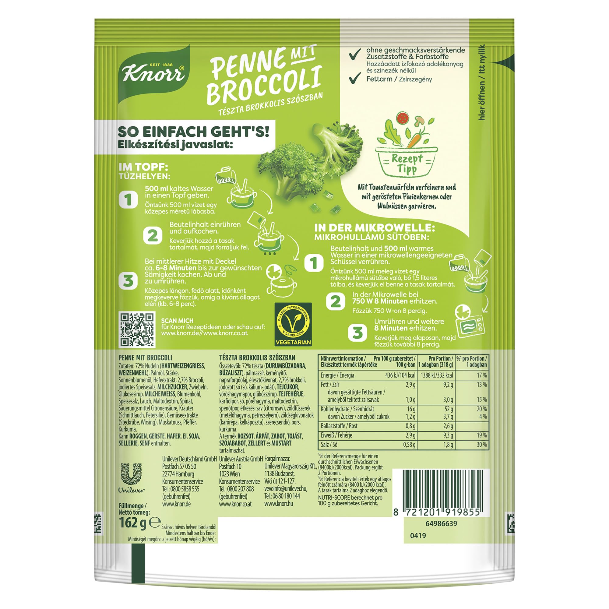 Knorr Activ Veggie Penne mit Broccoli Nudel-Fertiggericht, leckeres Nudelgericht 2 Portionen