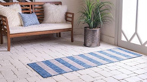Miniatura 2 de Unique Loom Outdoor Striped Collection - Alfombra envejecida a rayas (2 x 6 pies 1 pulgada, alfombra de pasillo, azulgris)