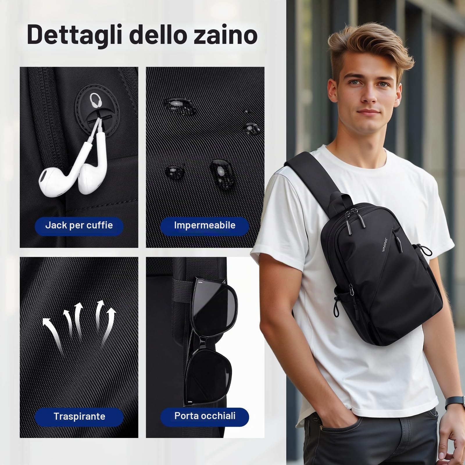 VNINE Borsello Uomo Tracolla, Leggero Tracolla, con Una Cinghia, per Escursionismo, Passeggiate, Ciclismo, Viaggi, Ciclismo, con Porta Cuffie