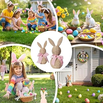 Bunny Statue - Cute Rustic Bow Spring Decor - Easter Bunnies Decorative Collectible Figurines | for Home Living Room Bedroom Kitchen Office Farmhouse Housewarming Birthday Holiday
