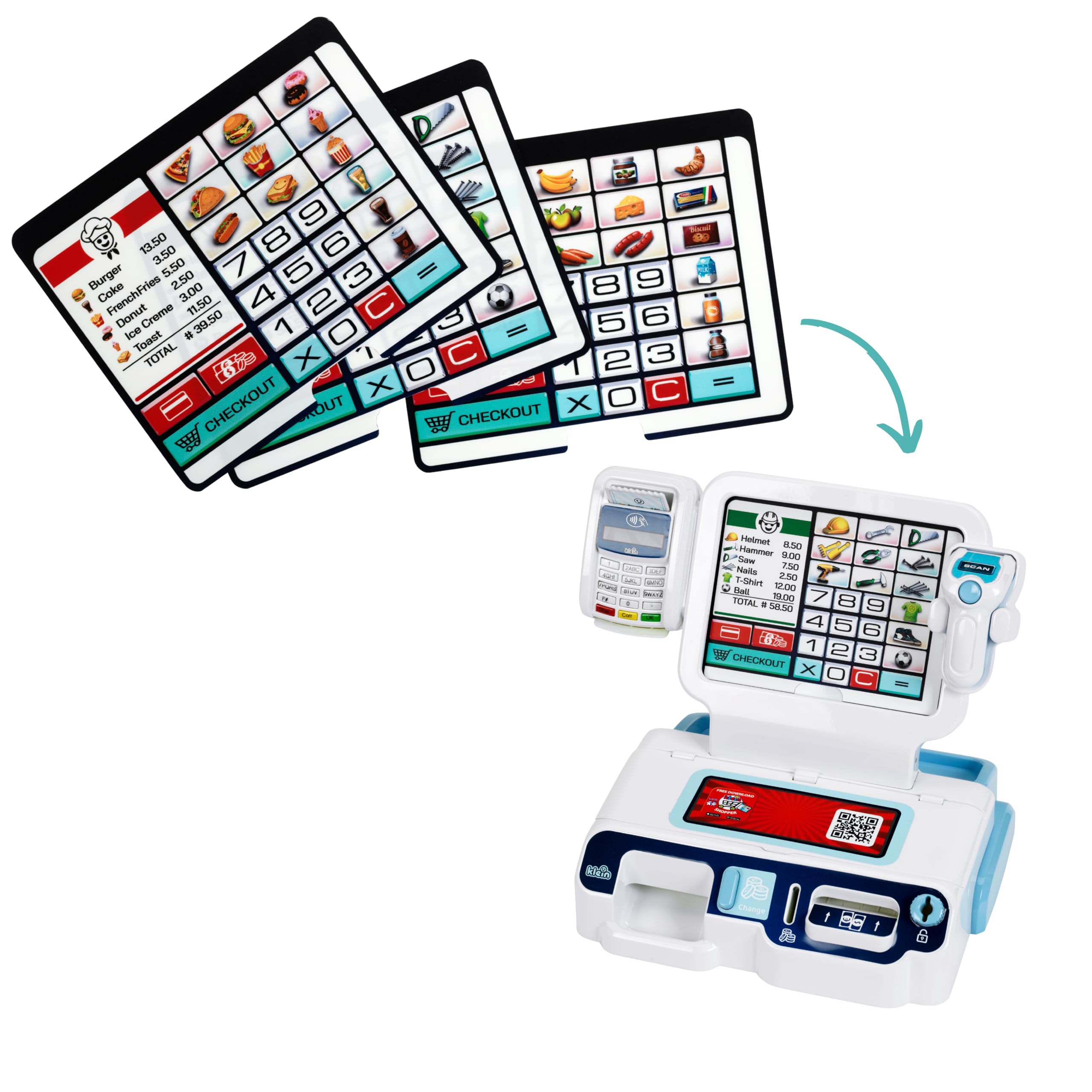 Theo Klein 7265 Caisse Libre-Service, Scanneur avec lumière et Son I Ecran à 3 thèmes interchangeables, Panier, Argent fictif, etc, Jouets pour Enfants à partir de 3 Ans