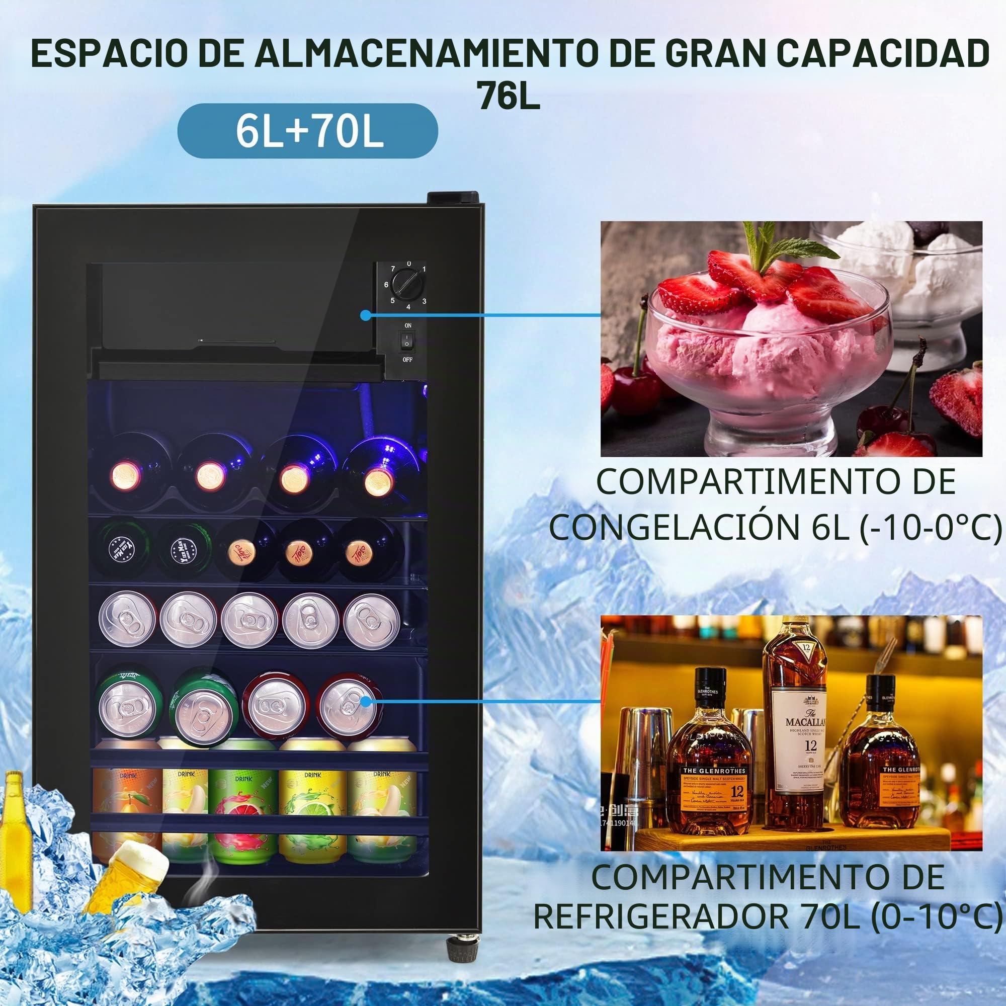 Mini Frigorífico con Congelador, Nevera Silenciosa de 6L+70L, Baldas Regulables