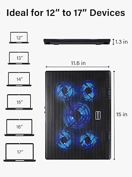 Kootek 12-17 Laptop Cooling Pad Cooler Chill Mat with 5 Quiet Fans LED Lights and 2 USB 2.0 Ports Adjustable Stand Height and Angle