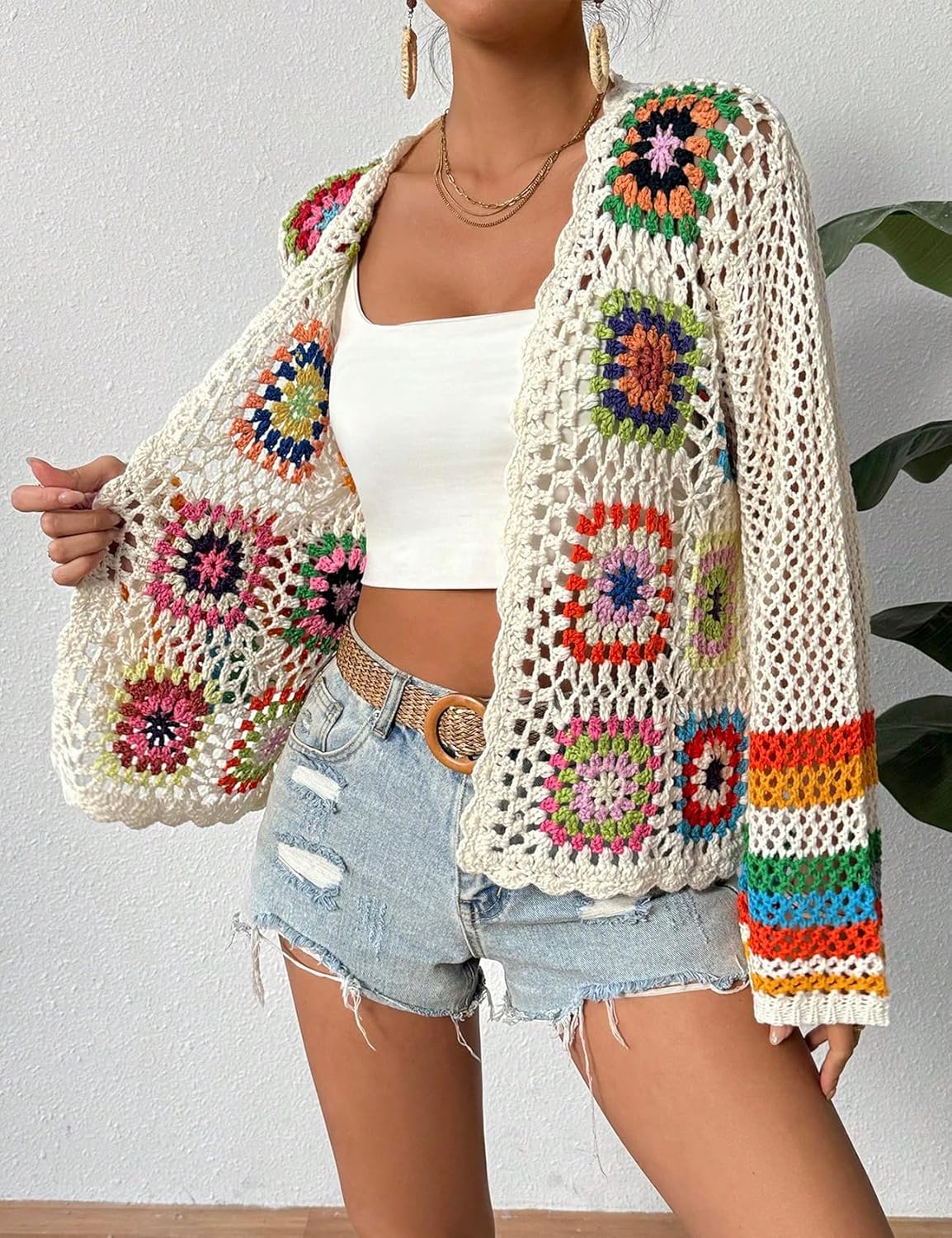 Women's Floral Crochet Cardigan Boho Hollow Out Sweater Cardigan - Image 6