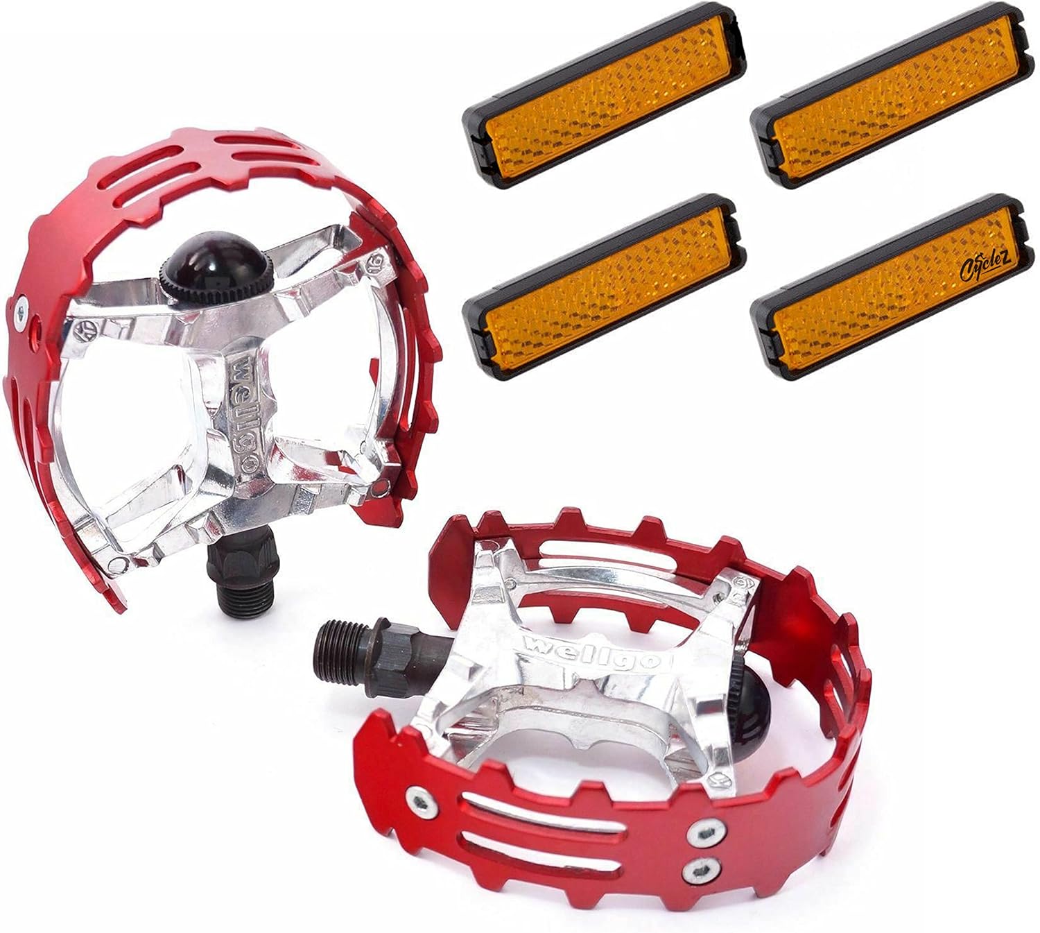 CYCLEZ 1/2" Wellgo BMX XC-II Bear Trap Bike Pedal Set, Multi Colors, Old School Retro Style for One Piece Cranks Includes Pedal Wrench Tool Combo (Red)