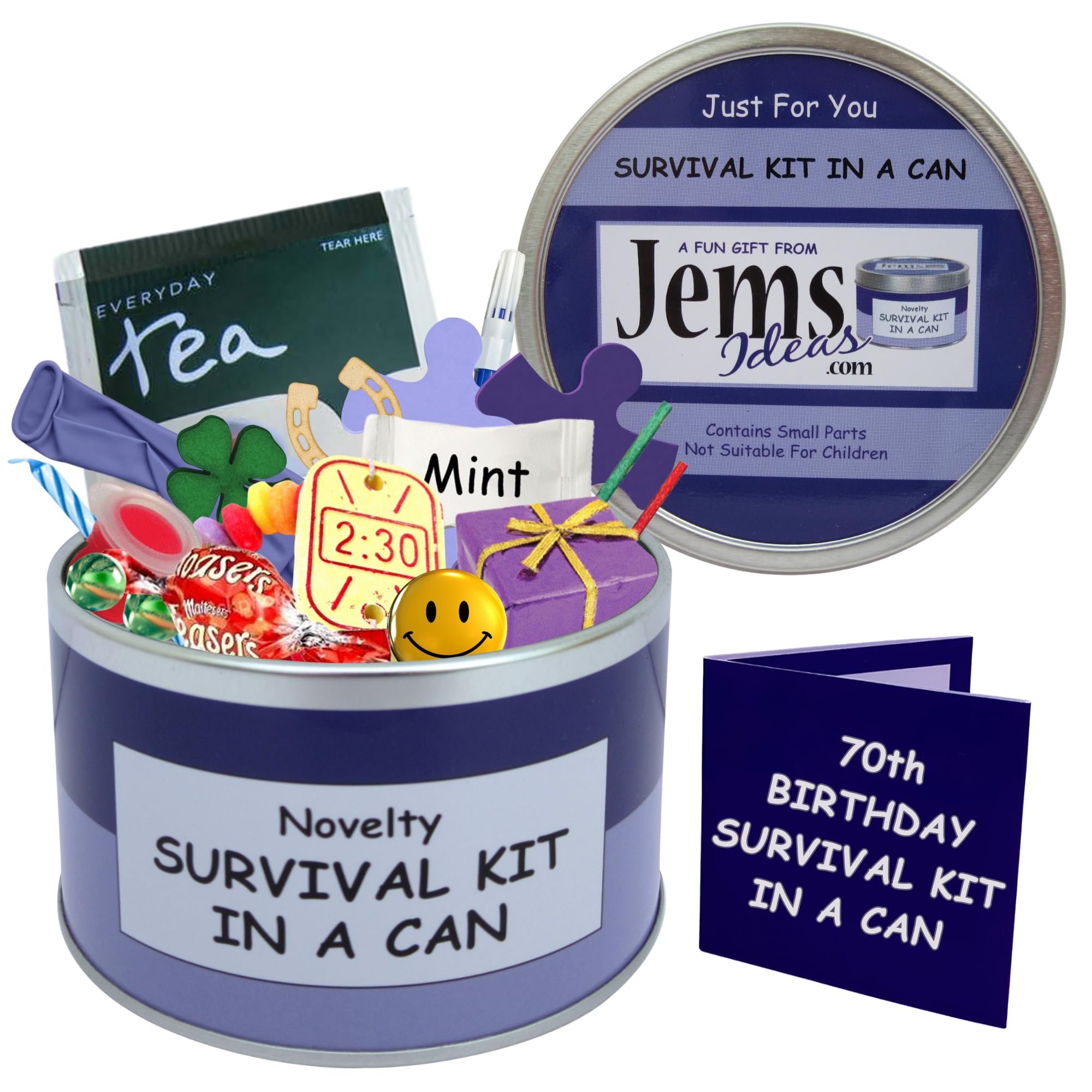 Survival-Kit Zum 70. Geburtstag In Einer Dose – Lustiges Geschenkset Mit Karte, Wählbar In Blau/Marineblau
