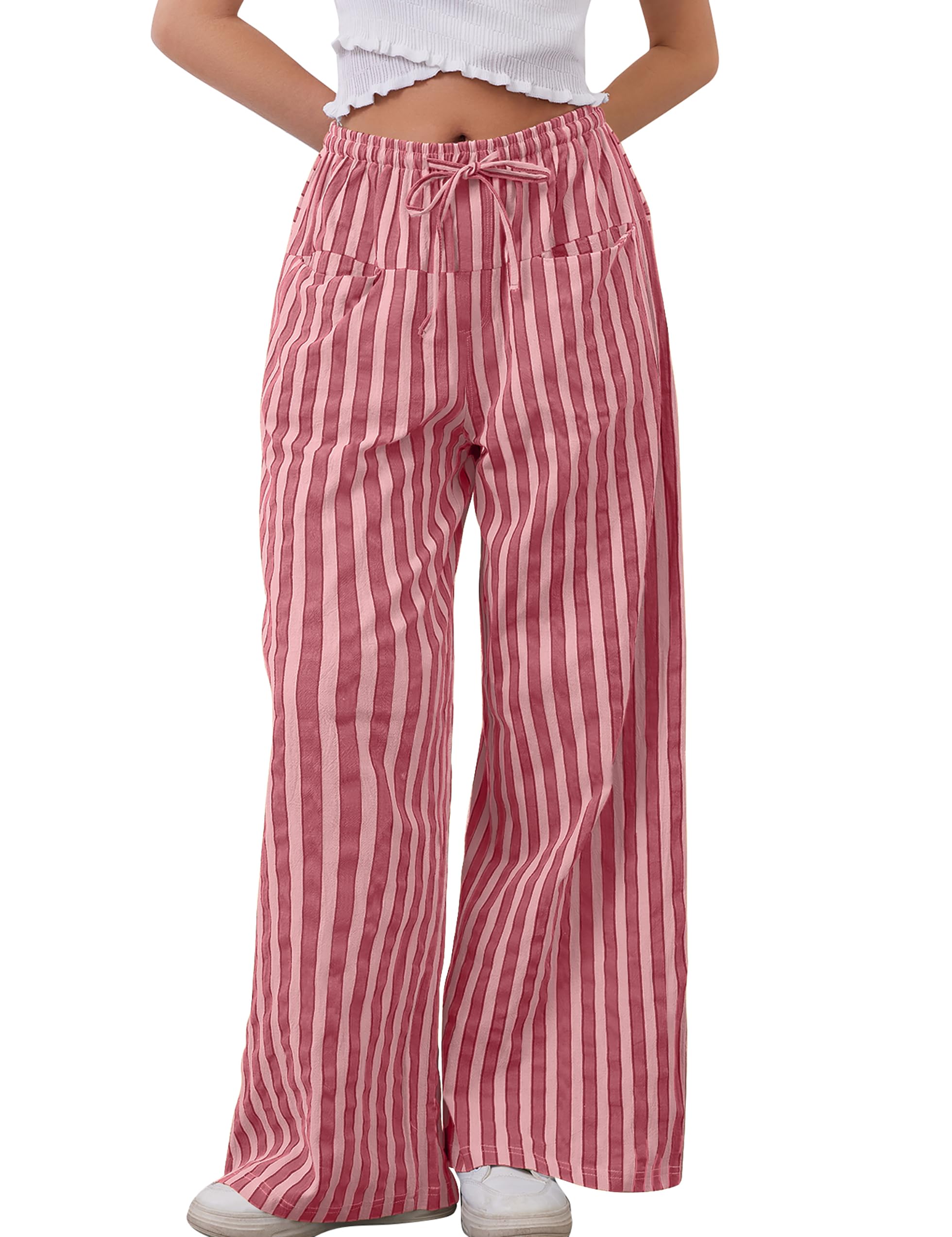 MISSACTIVER Women Drawstring Striped Pants Loose Wide Leg Trousers Casual Low Waist Pants Comfy Lounge Pants with Pockets