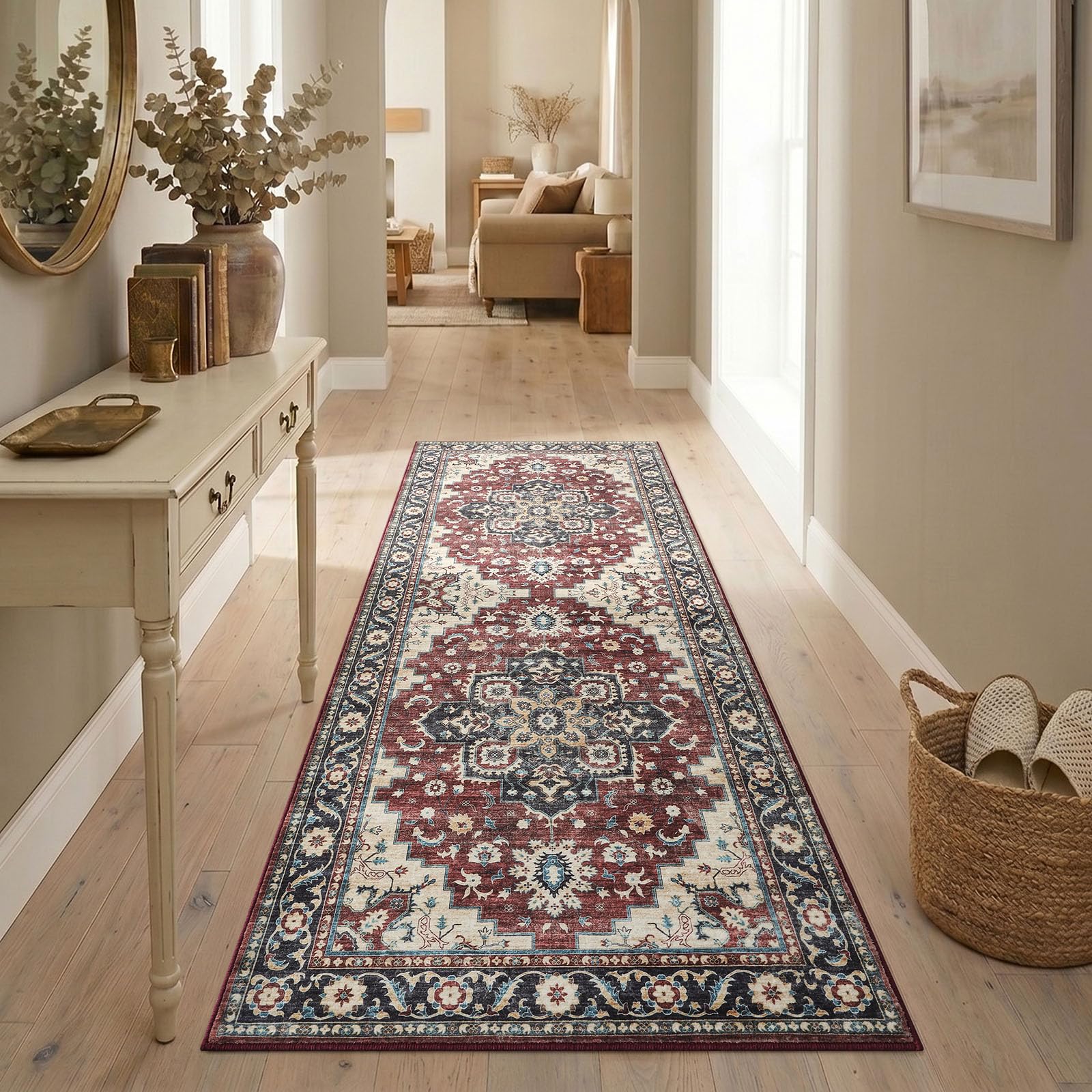 Homaxy Vintage Runner Rugs for Hallway Washable Anti Slip Rug Low Pile Boho Lounge Carpet for Bedroom, Nursery, Kitchen - 60 x 180 cm, Retro Red/Beige — image 1