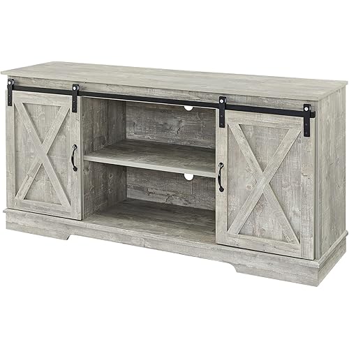 GOOD & GRACIOUS Farmhouse TV Stand for 65 Inch TV Media Entertainment Center with Sliding Barn Doors and Storage Cabinets 58 Inch TV Console Table for Bedroom Living Room,Wash Grey