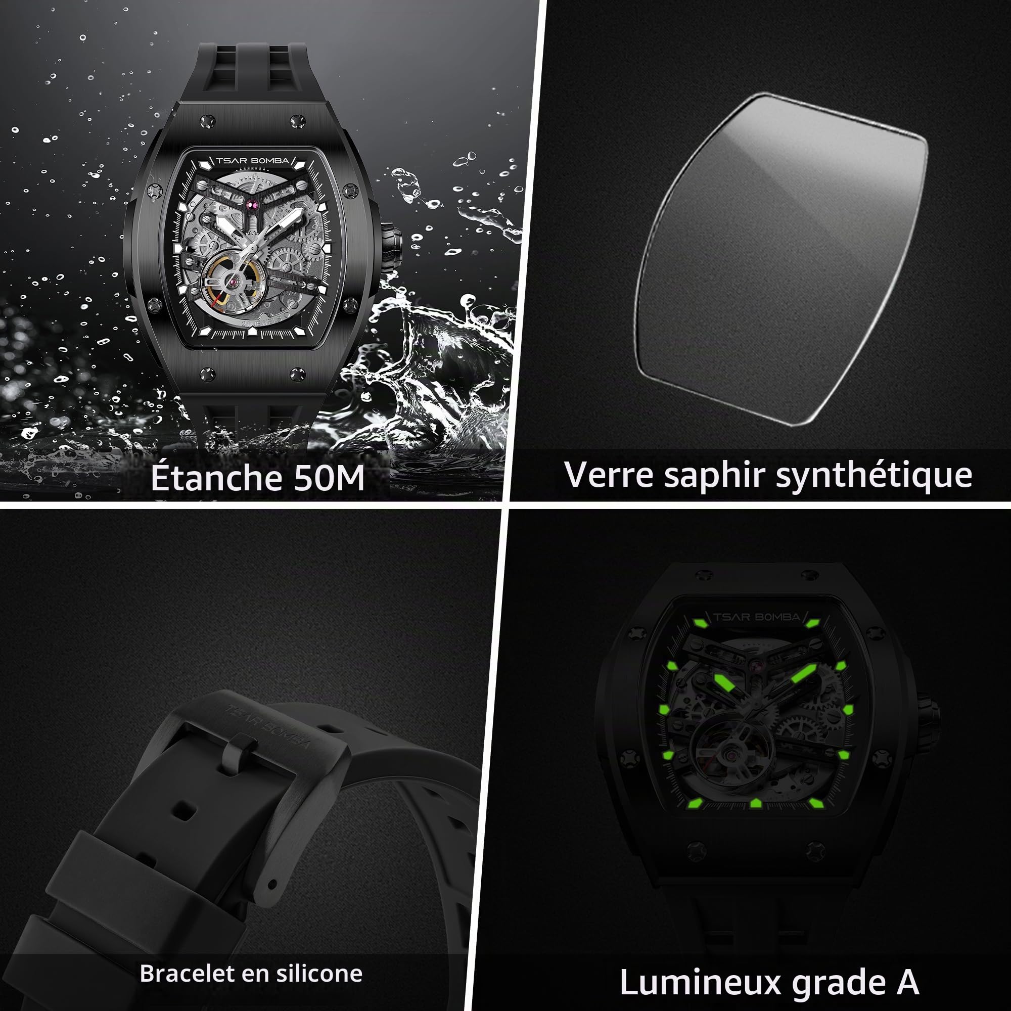 TSAR BOMBA Montre Automatique pour Homme Montre Squelette de Luxe Tonneau pour Homme Montre mécanique étanche à 50 mètres Montre analogique