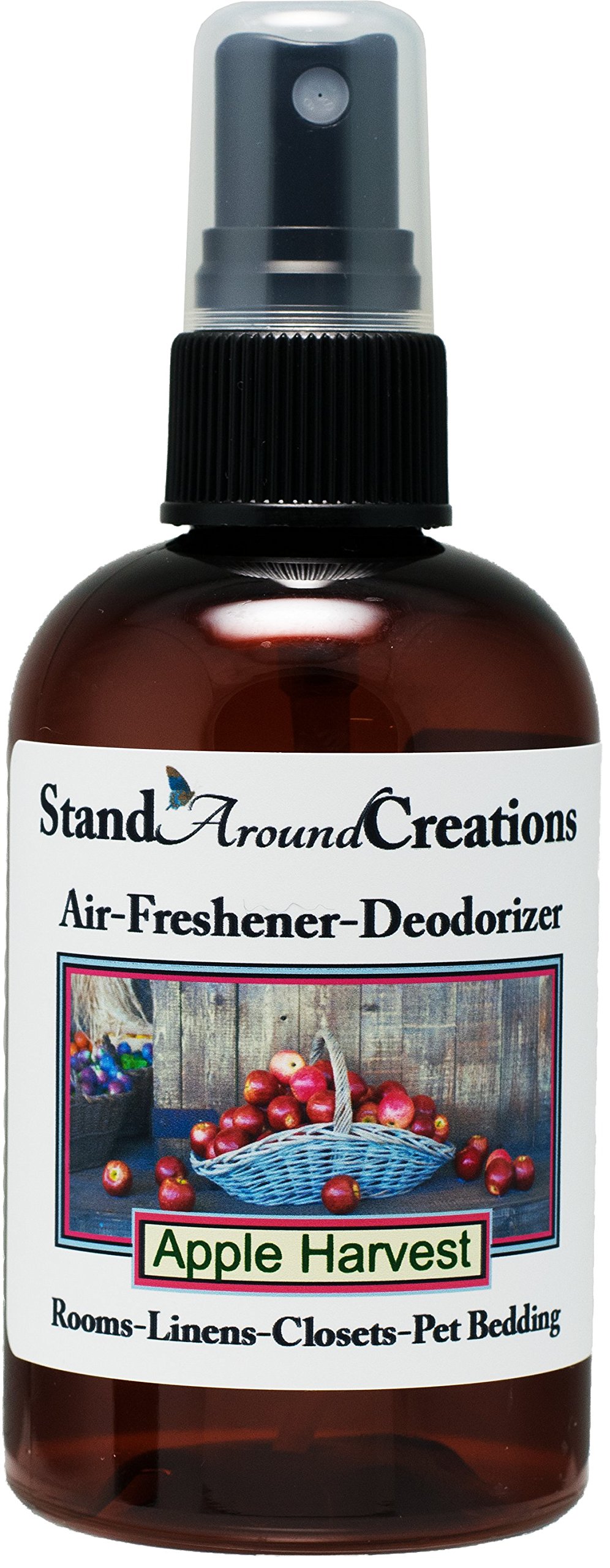Concentrated Spray For Room / Linen / Room Deodorizer / Air Freshener - 4 fl oz - Scent - Apple Harvest: Apple Harvest is a true, ripe apple fragrance combined with bright fruit notes and just a touch of spice. It has year-round appeal but is especially nice around apple picking time. This fragrance is infused with natural cinnamon, nutmeg, clove, orange, and cedarwood essential oils.