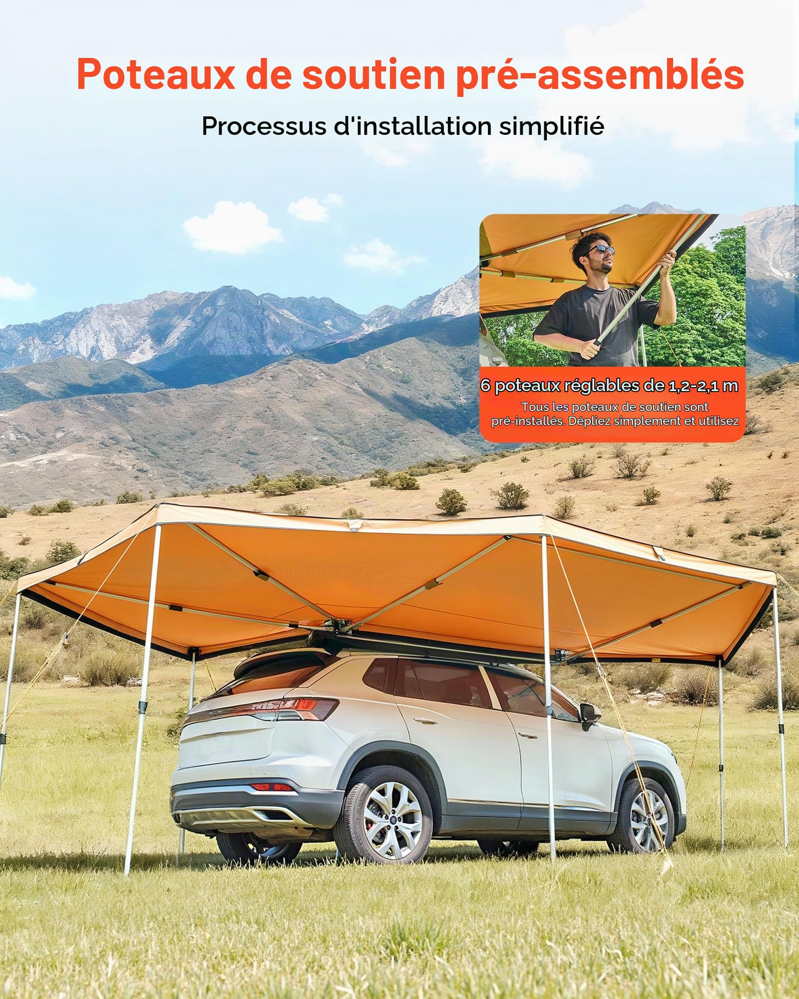 VEVOR Auvent 270 Degrés 6,08x2,10 m Auvent Voiture Latéral Côté Passager Rétractable Abri Autoportant Toutes Saisons Étanche UV50+ pour Véhicule SUV Fourgonnettes Camionnettes, avec Sac de Rangement