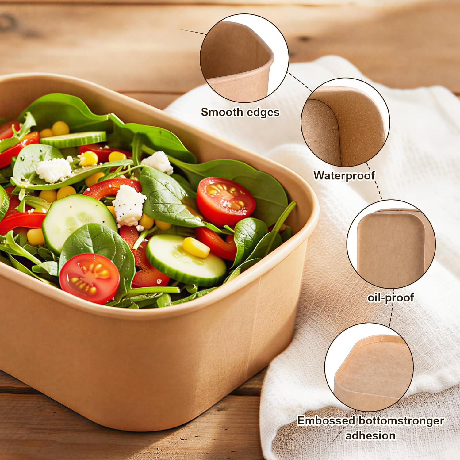 100 Pack 17oz 29oz 34oz Disposable Kraft Paper Bowls Without Lids Paper Food Container Meal Prep Container Rectangle Leakproof Takeout Bowl for Hot Cold Soup Salad Microwave Safe