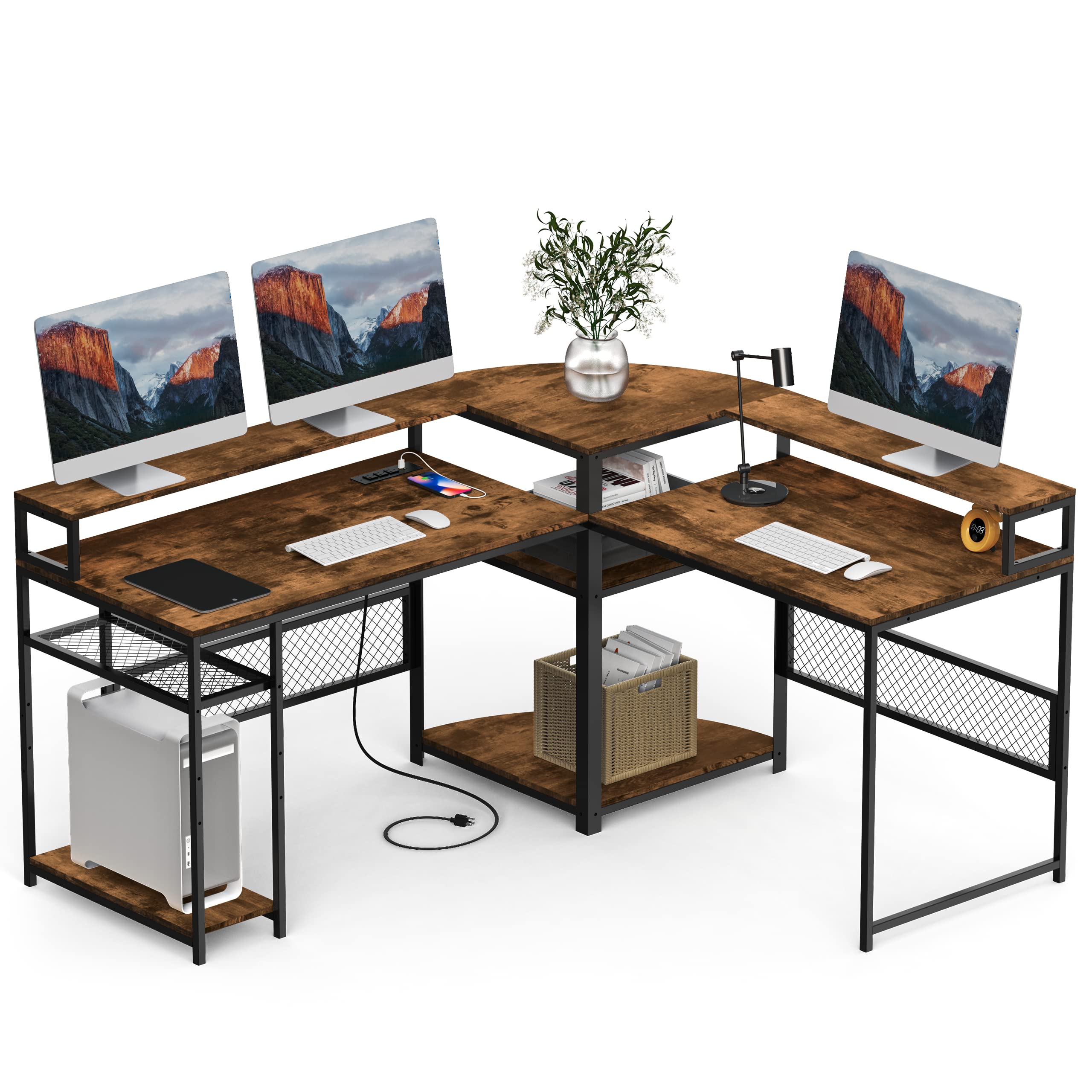 Photo 1 of AYEASY 66" Computer Desk L Shaped Desk with Storage, Reversible Corner Desk with USB Charging Port & Power Outlet,Gaming Desk L Shape with Monitor Shelf, Large Home Office Desk, Rustic Brown