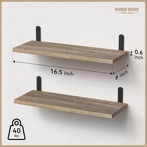 Miniatura 3 de RICHER HOUSE Juego de 2 estantes de madera rústica, estantes flotantes estilo granja para decoración de pared, estantes colgantes para baño