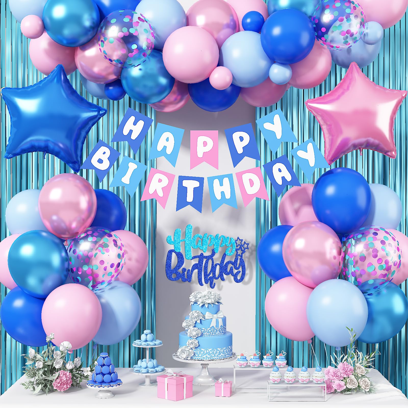 Pink and Blue Birthday Decorations, Royal Light Blue Pink Metallic Purple Confetti Latex Foil Balloons Happy Birthday Banner Fringe Curtain for Boys Girls Wedding Baby Shower Party Decoration Supplies
