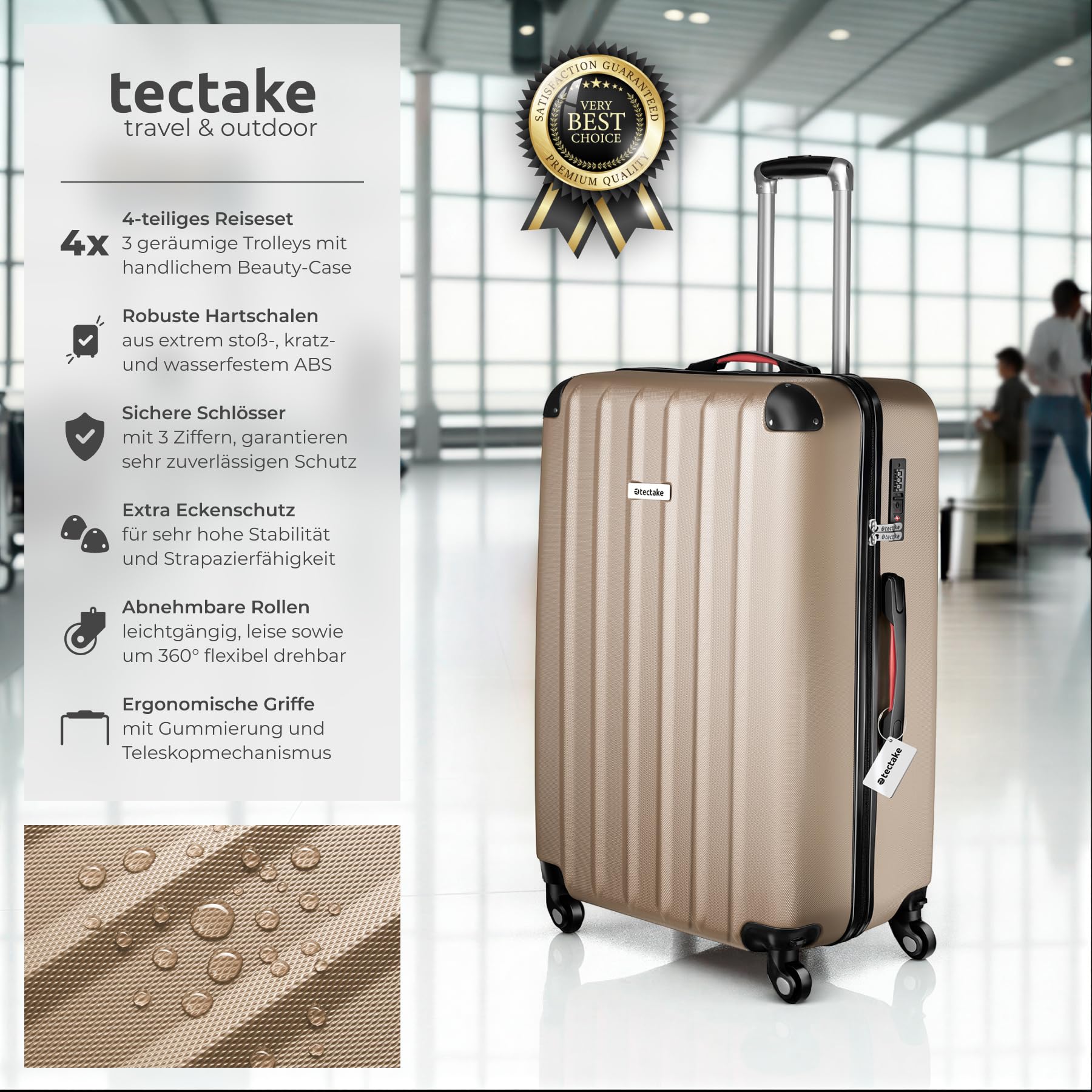 tectake® 4-teiliges Reisekoffer Kofferset inkl. Kofferwaage und Gepäckanhänger, 360° Rollen, Hartschalenkoffer mit Zahlenschloss, Koffer groß, ineinander stapelbar, Trolley Handgepäck - Champagner