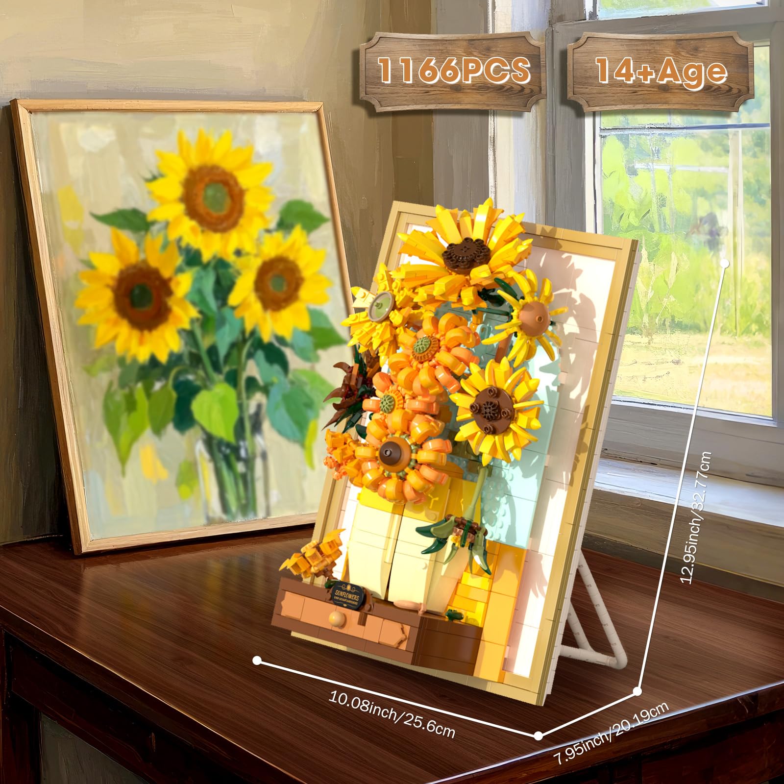 Brihappen Sunflower Art Building Set including Light, Van Gogh Painting Wall Room Decor, Flowers Plant Building Blocks Set - Image 2