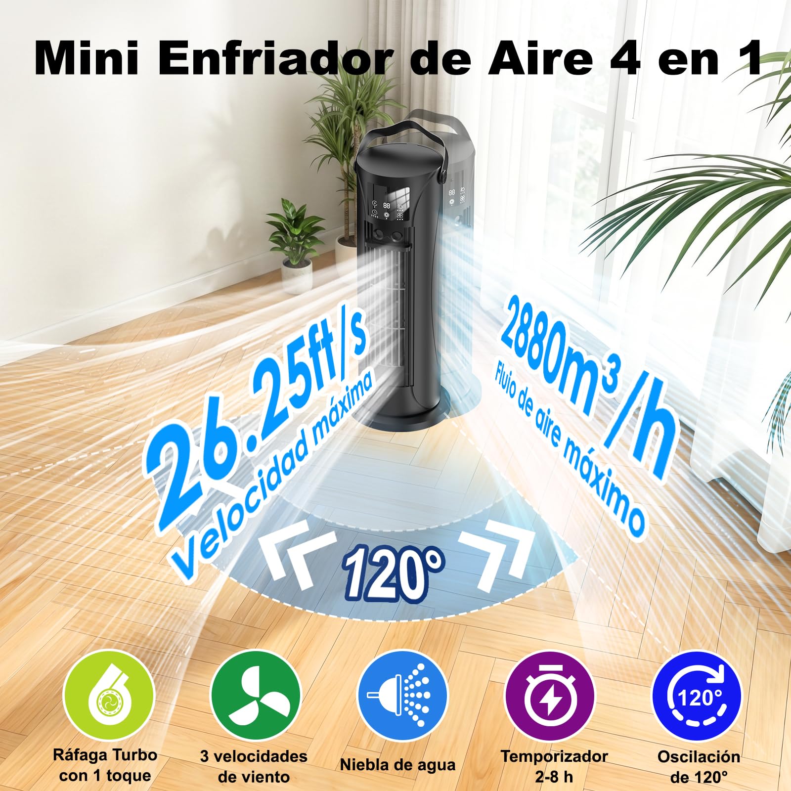 Mobile Klimaanlage – Mini Klimaanlage mit Kühl- und Befeuchtungsfunktion, Wassernebel-Technologie, 4 einstellbare Timer-Stufen, 120° schwenkbarer Luftauslass, für Zuhause, Büro, Schlafzimmer,Schwarz